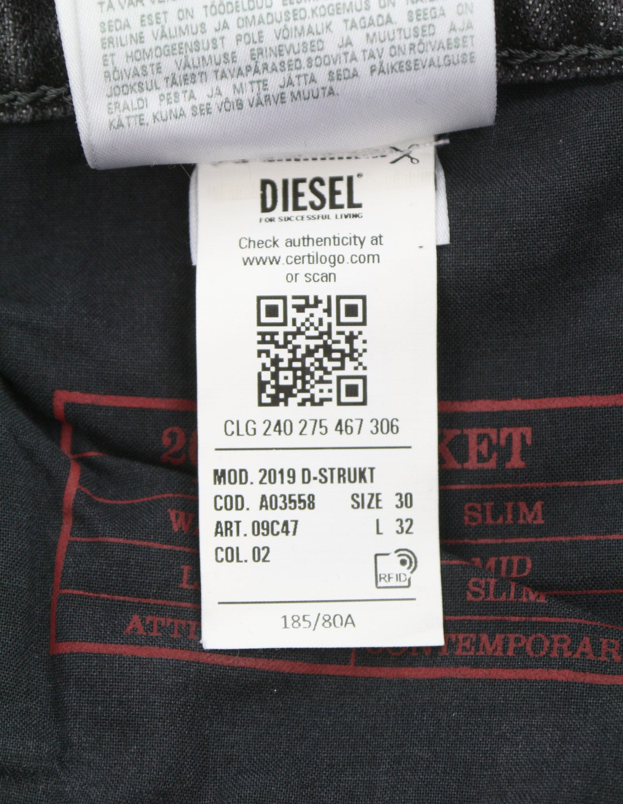 DIESEL 2019 D-Strukt 09C47 Men's Jeans W30/L32 Grey Whiskers Faded Slim Fit