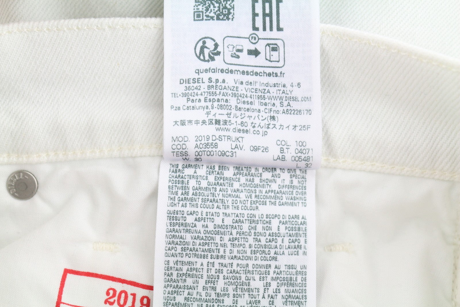 DIESEL 2019 D-Strukt 09F26 Men's Jeans W30/L32 White Slim Fit Zip Fly Denim
