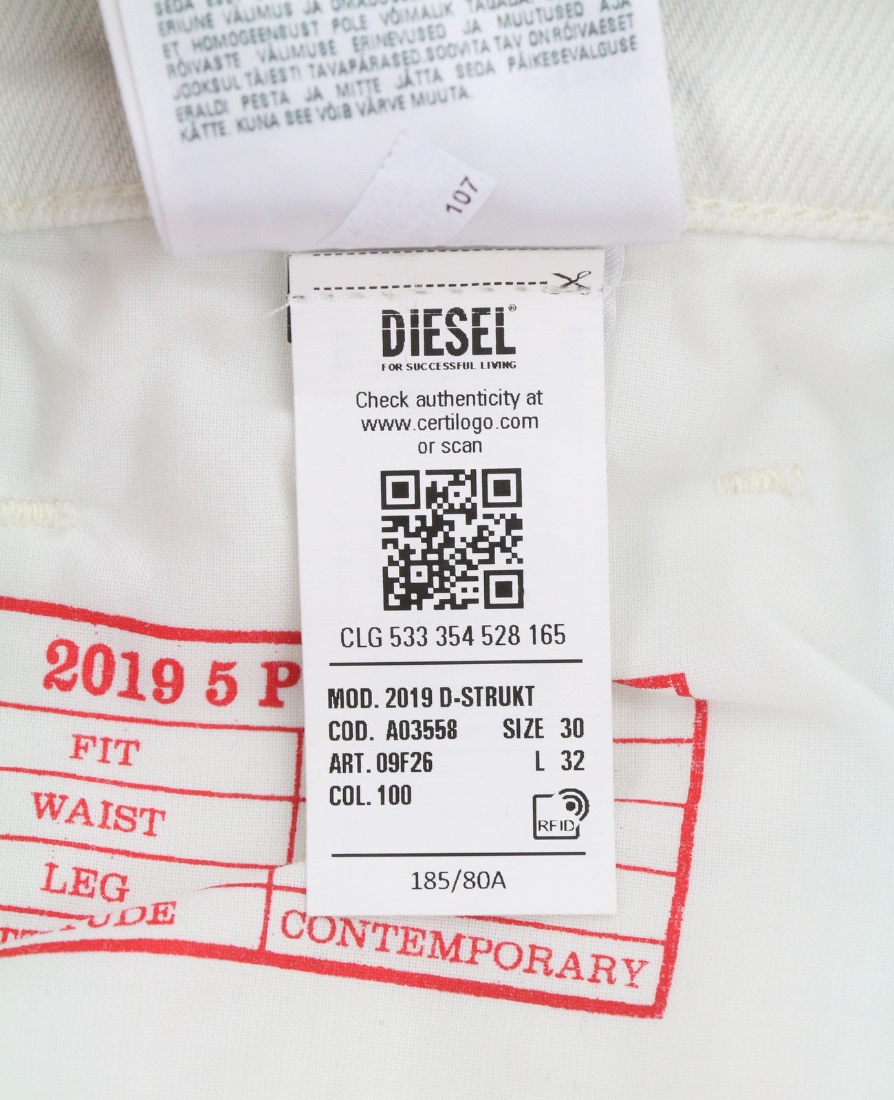 DIESEL 2019 D-Strukt 09F26 Men's Jeans W30/L32 White Slim Fit Zip Fly Denim
