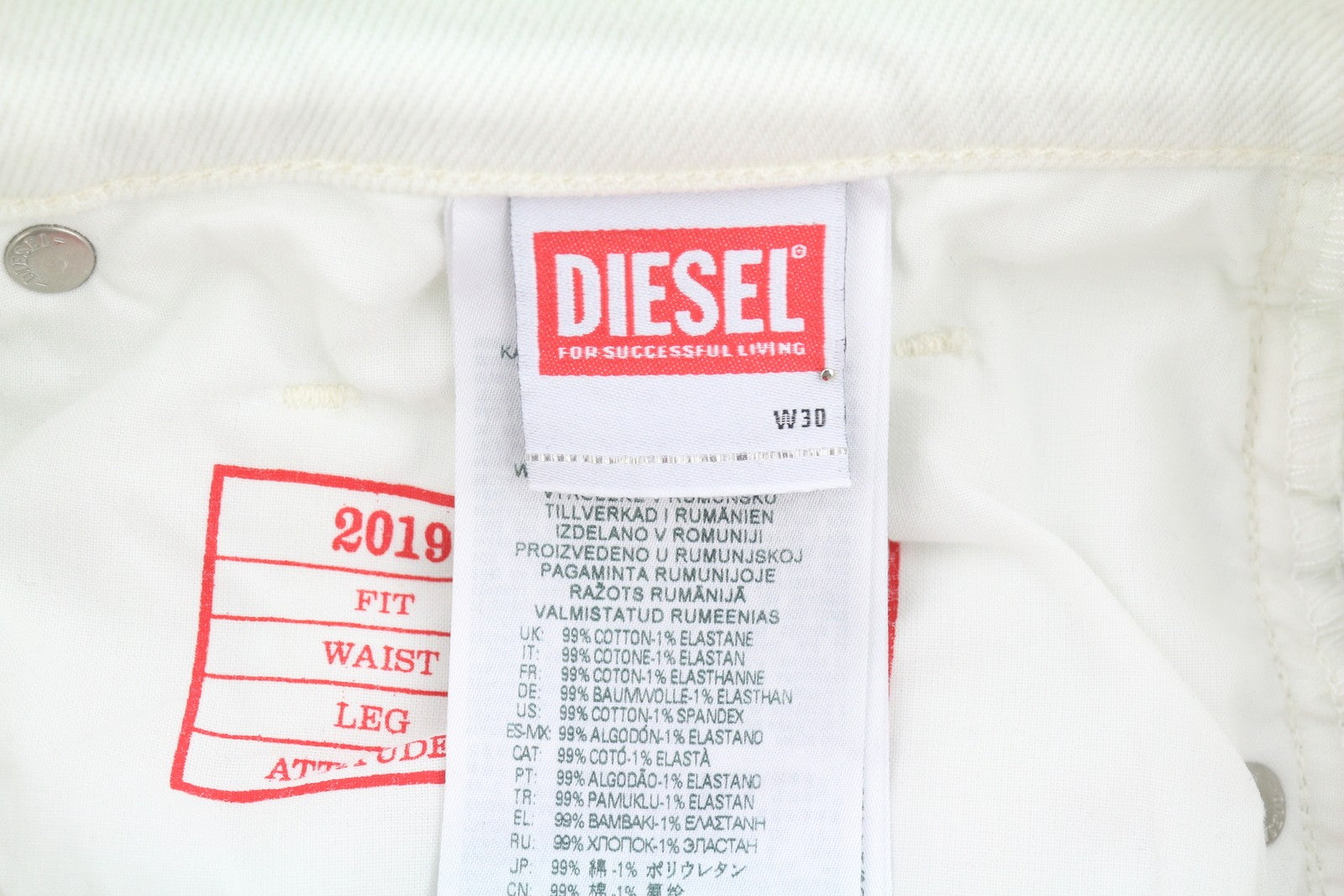 DIESEL 2019 D-Strukt 09F26 Men's Jeans W30/L32 White Slim Fit Zip Fly Denim