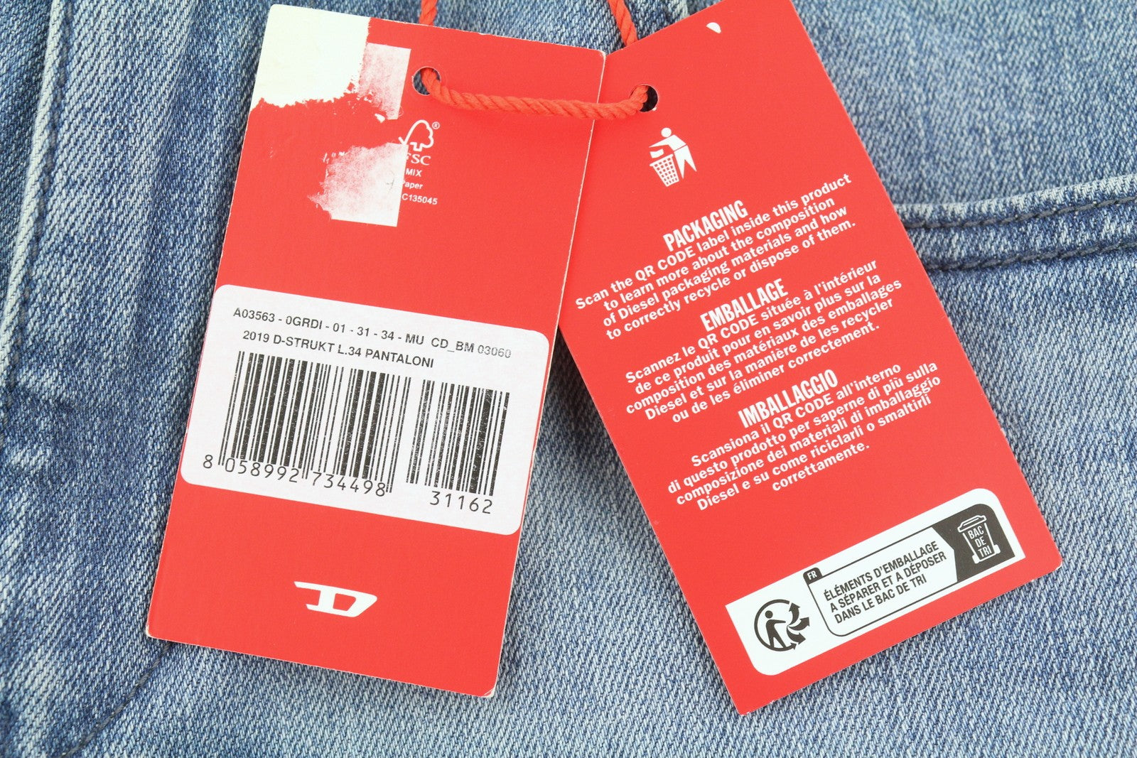 DIESEL 2019 D-Strukt 0GRDI Men's Jeans W31/L34 Blue Whiskers Faded Slim Fit