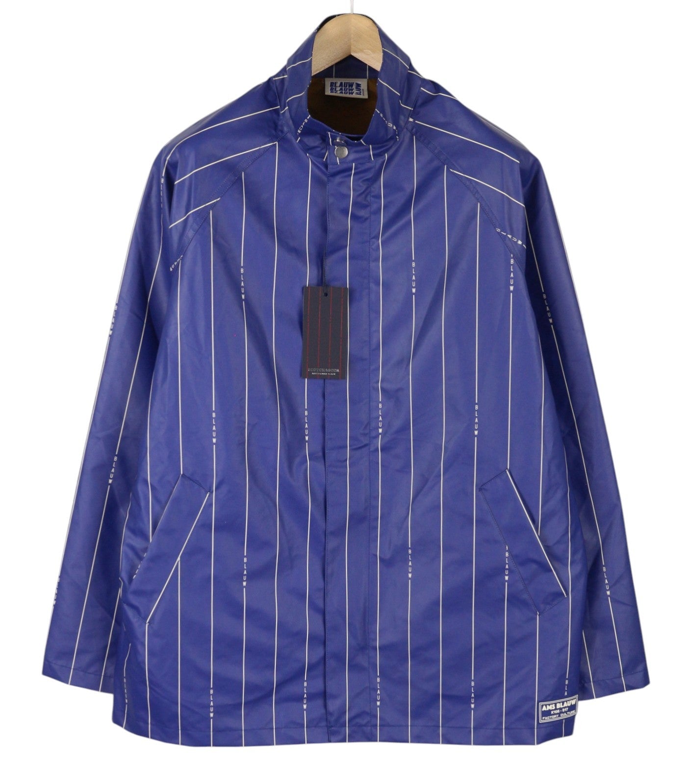 SCOTCH & SODA Men's Jacket L Blue Pinstriped Water Repellent Full Zip Raincoat