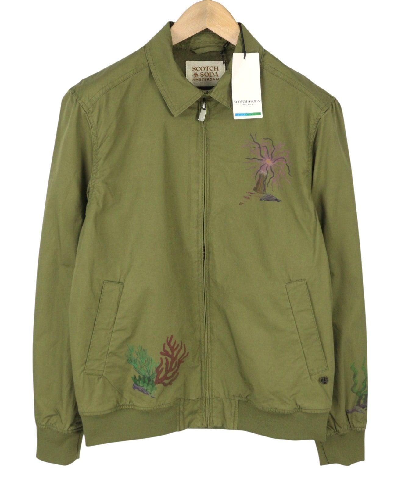 SCOTCH & SODA Men's Jacket M Khaki Green Patterned Spread Full Zip Lightweight