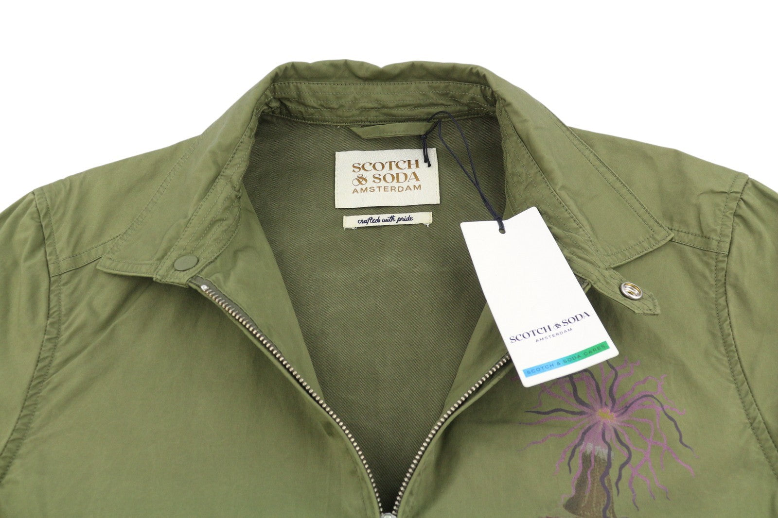 SCOTCH & SODA Men's Jacket M Khaki Green Patterned Spread Full Zip Lightweight