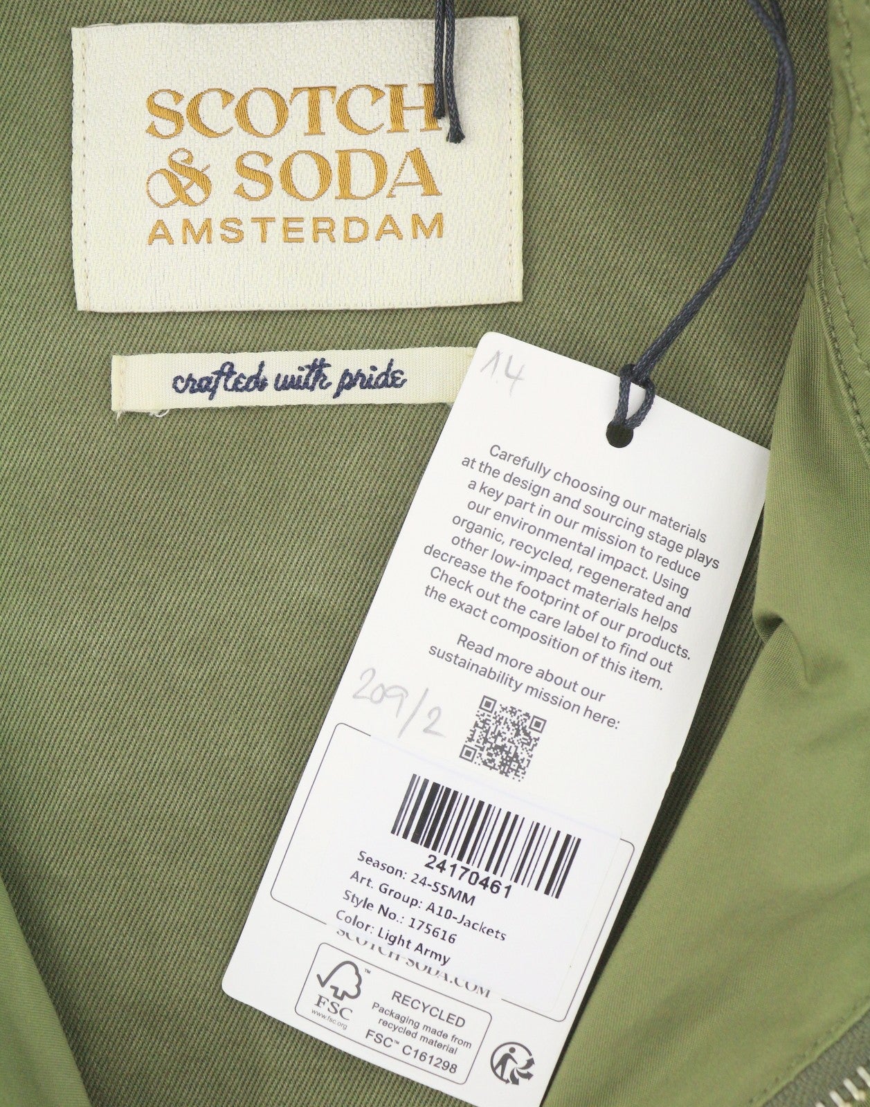SCOTCH & SODA Men's Jacket M Khaki Green Patterned Spread Full Zip Lightweight