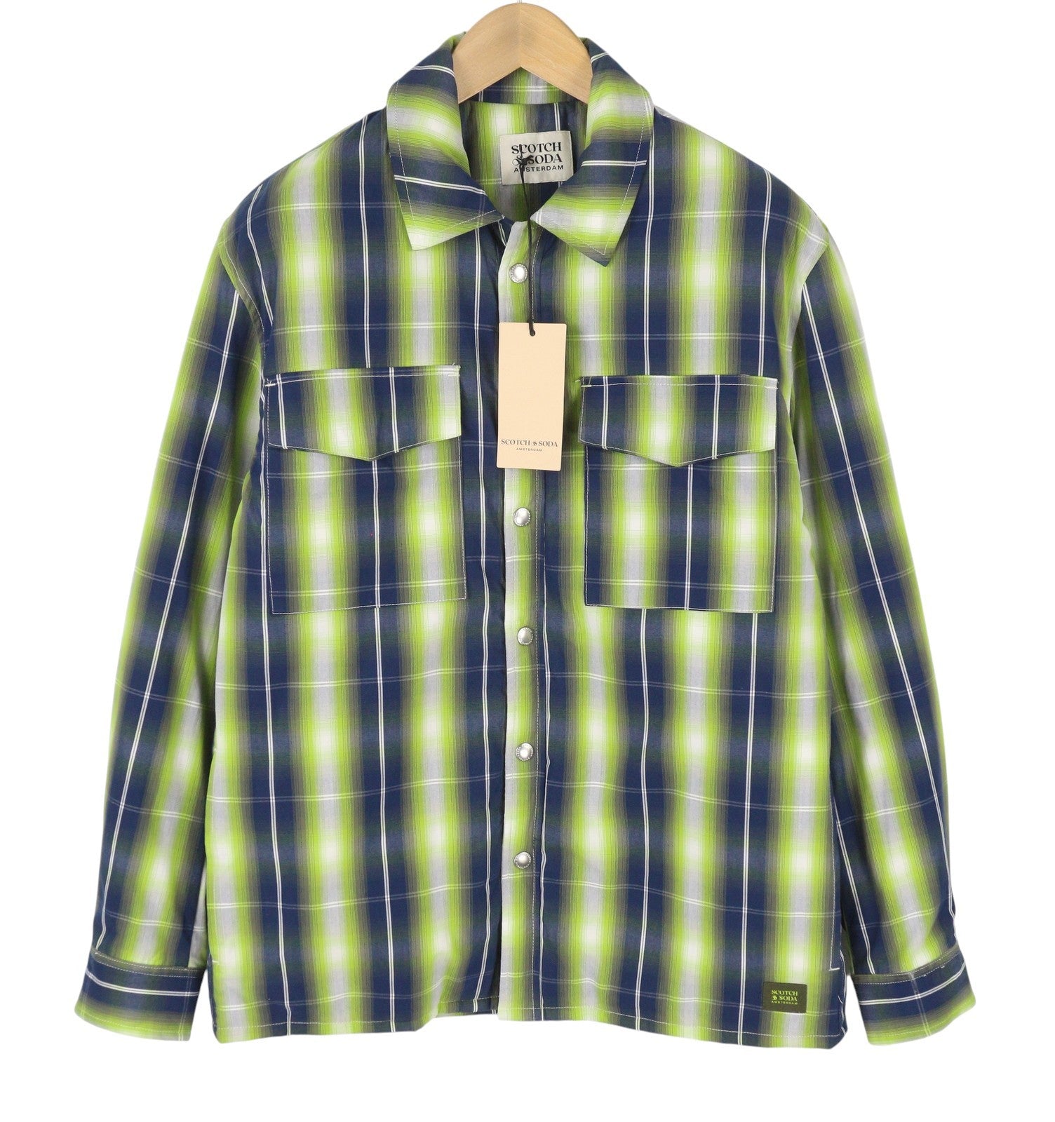 SCOTCH & SODA Men's Jacket M Green Plaid Print Padded Snap Buttons Lightweight