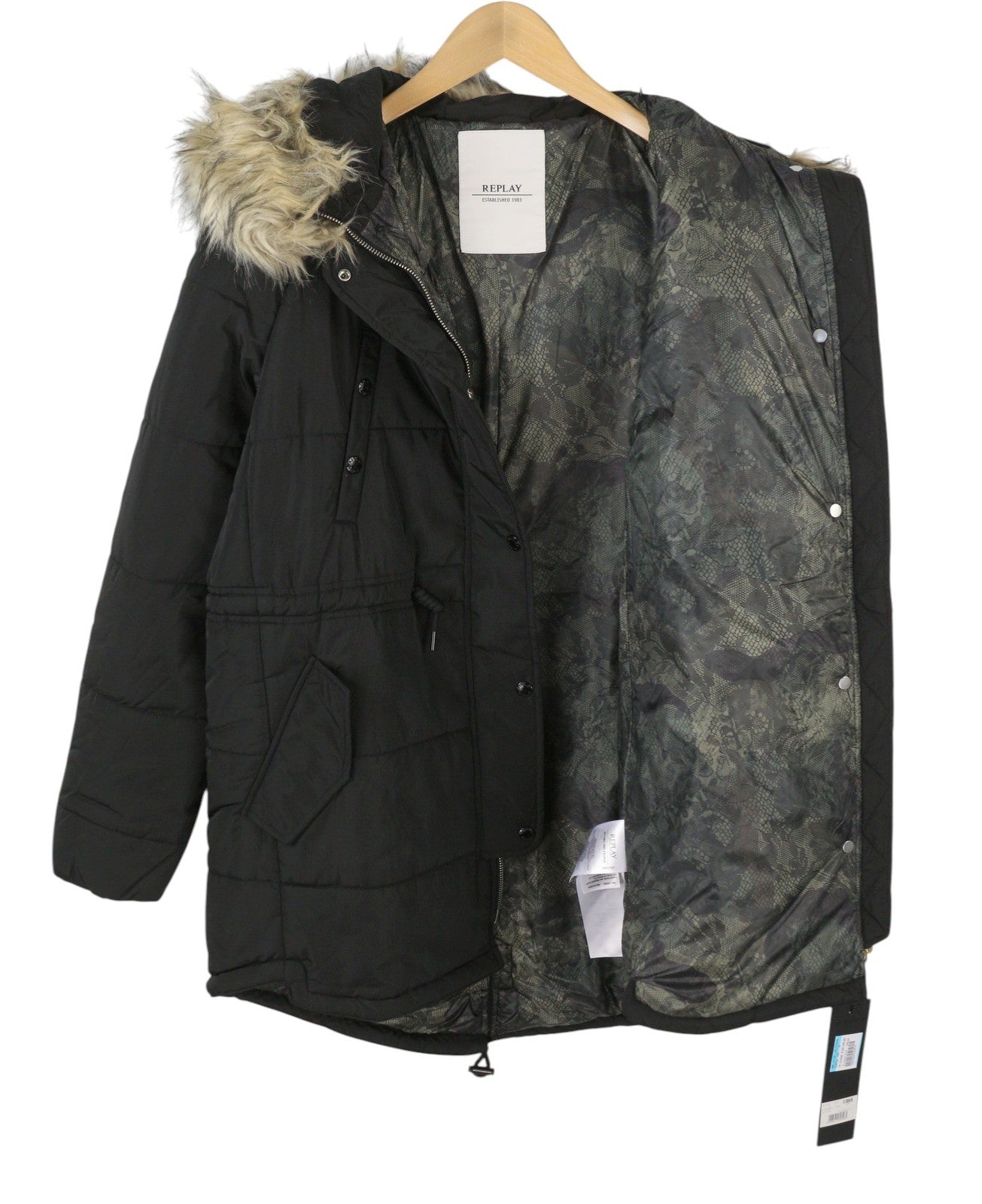 REPLAY Women's Jacket M Black Padded Quilted Drawstring Waist Parka