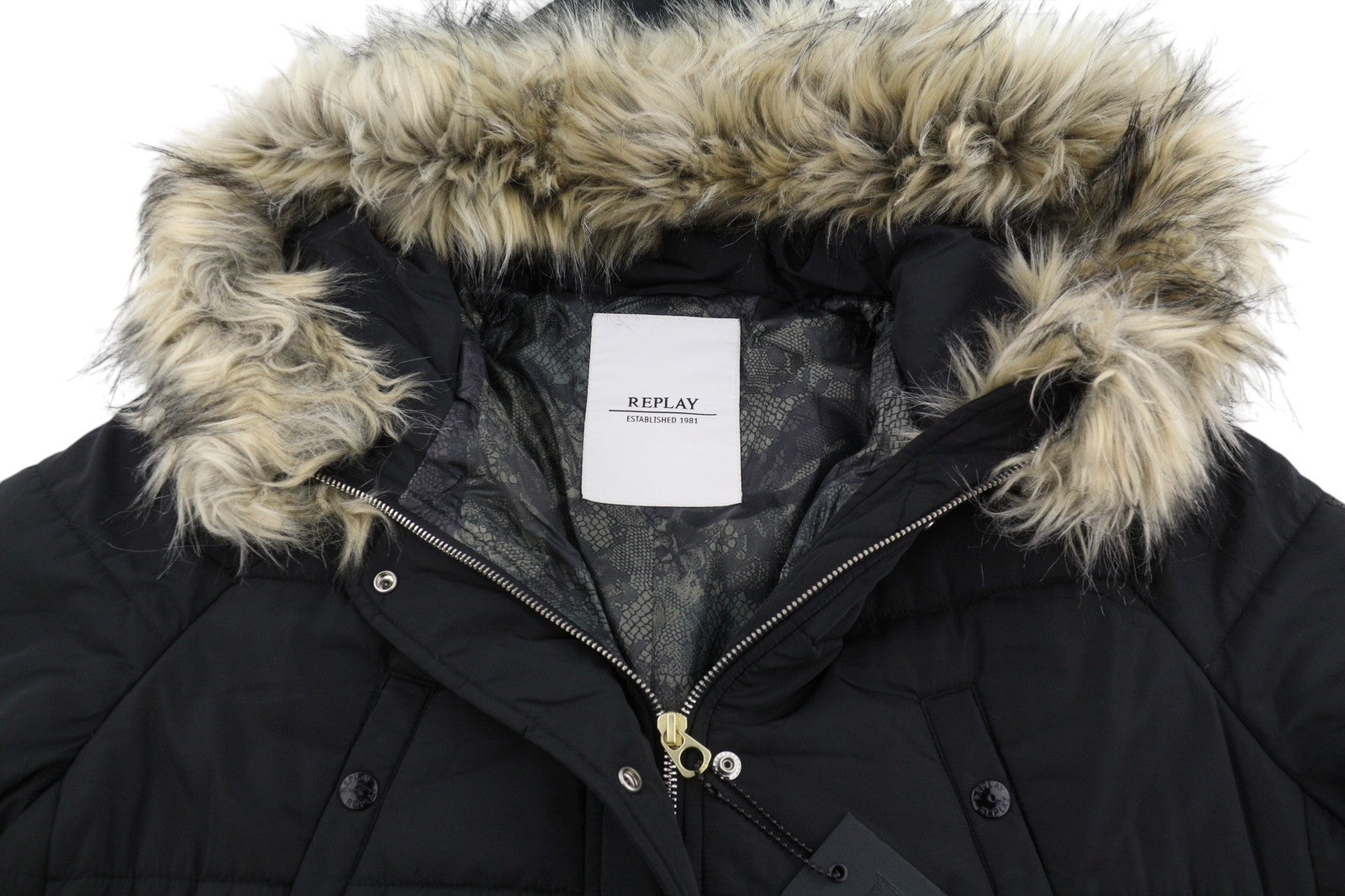 REPLAY Women's Jacket M Black Padded Quilted Drawstring Waist Parka
