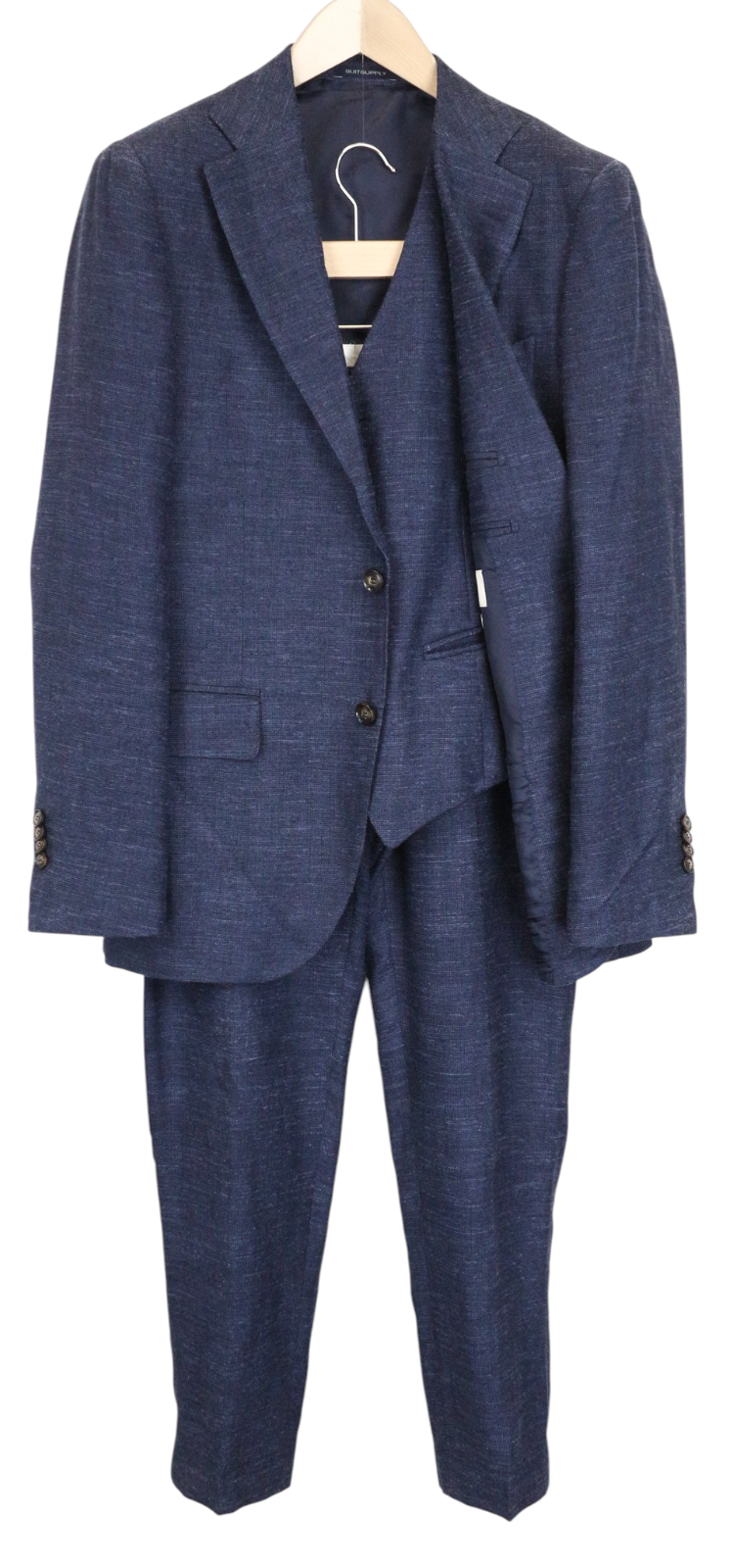 SUITSUPPLY Lazio Men Suit UK38R Classic Silk Linen Wool Slim Blue 3 Piece