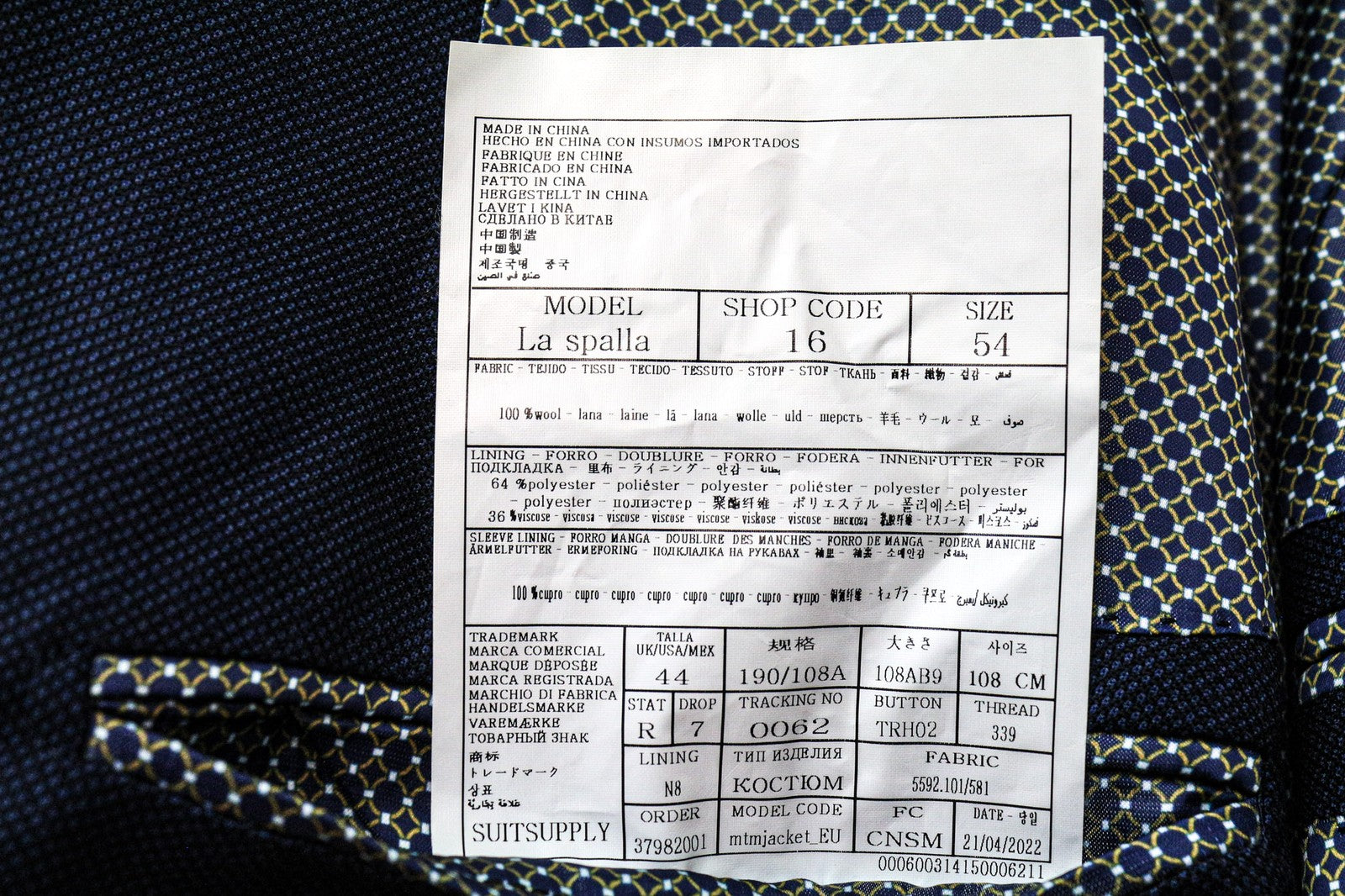 SUITSUPPLY La Spalla Men Suit UK44R Classic Lined Pleated Pure Wool Blue 2 Piece