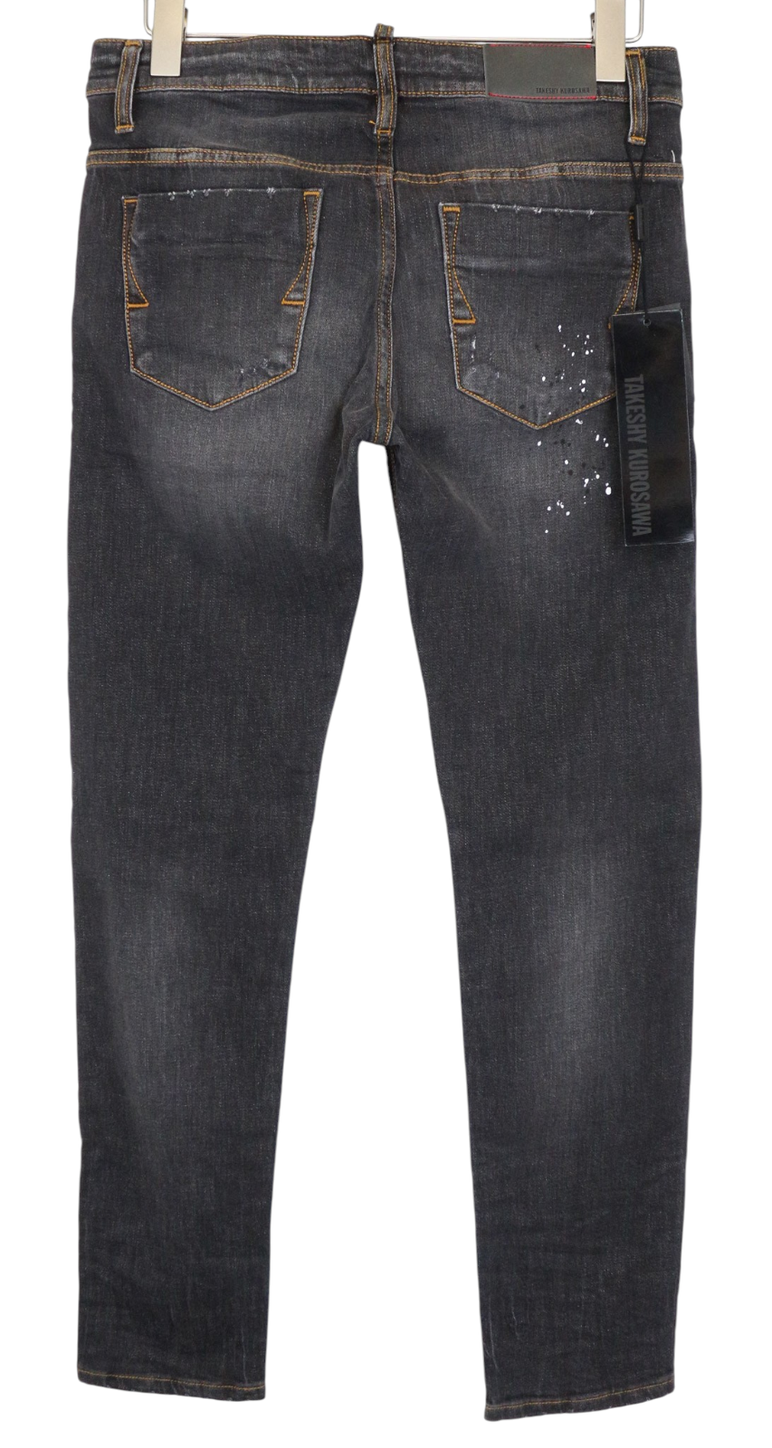 TAKESHY KUROSAWA Men Jeans W32 Slim Dark Grey Cotton Stretch Washed Painted