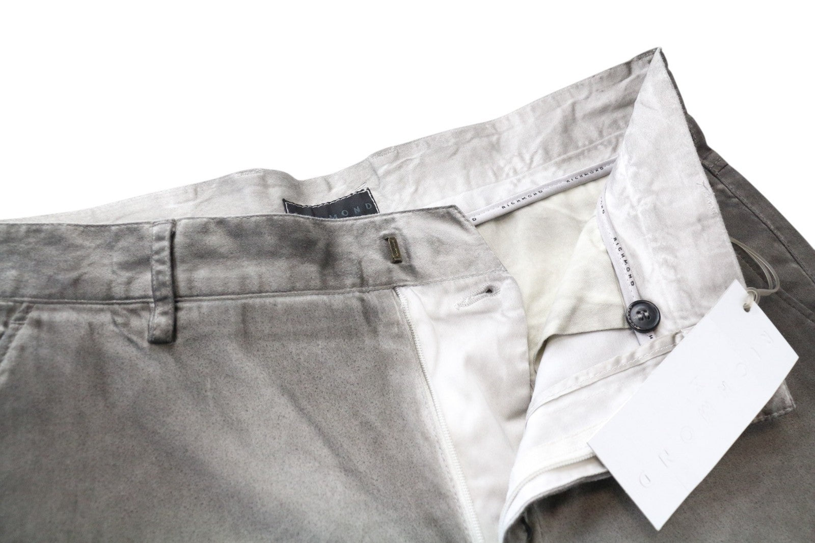 RICHMOND Men Trousers 48 Grey Cotton Stretch Stained Aged Look Flat Front