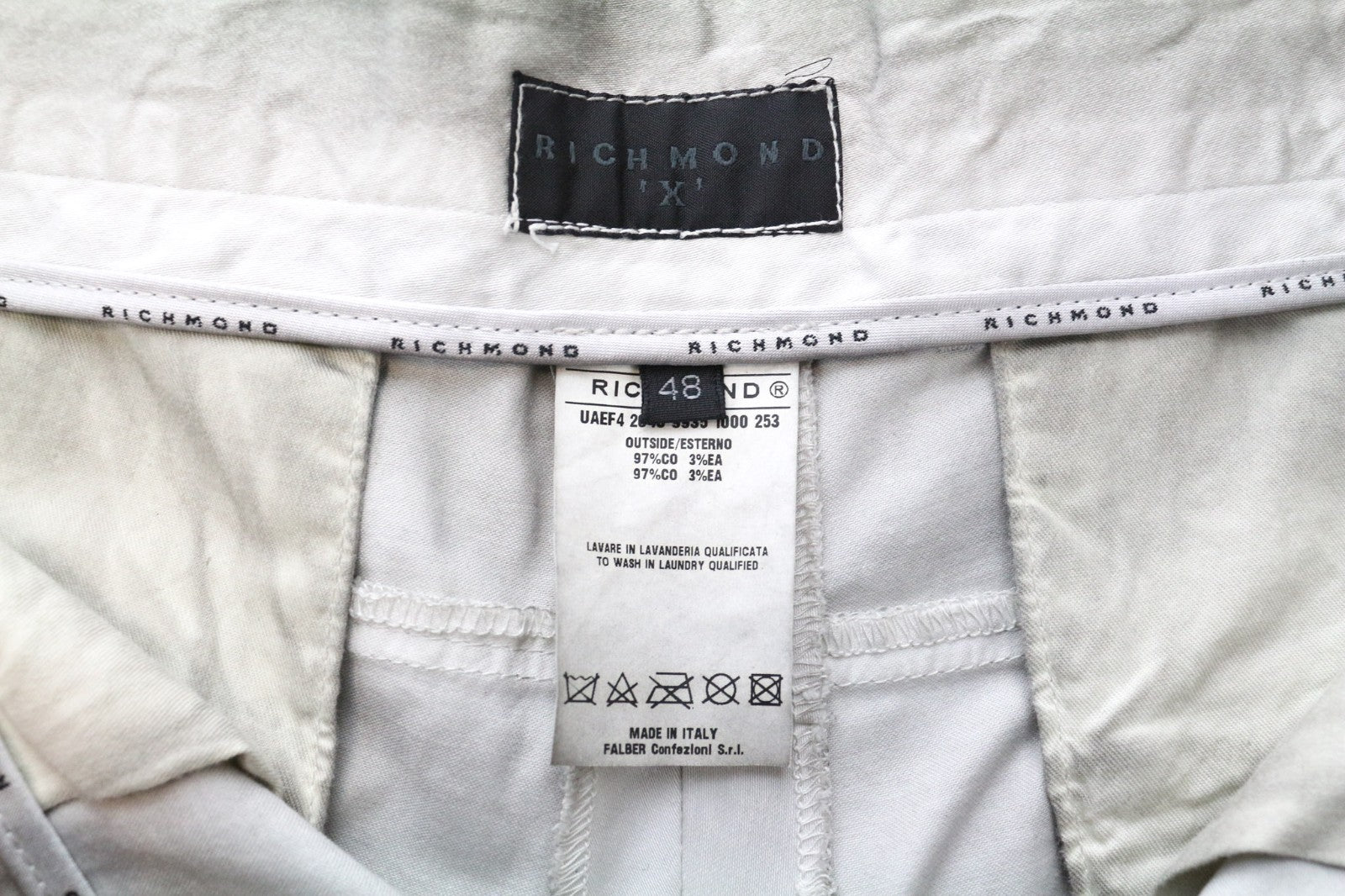 RICHMOND Men Trousers 48 Grey Cotton Stretch Stained Aged Look Flat Front