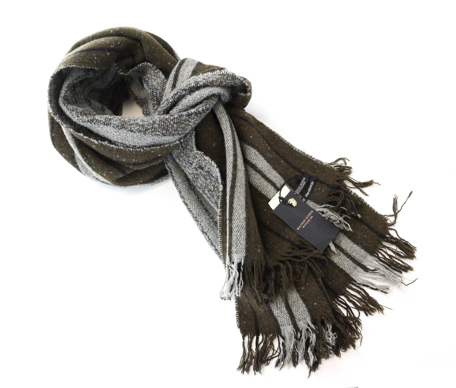 MAISON SCOTCH Women Scarf OS Green Grey Striped Tassels Casual Winter Spring