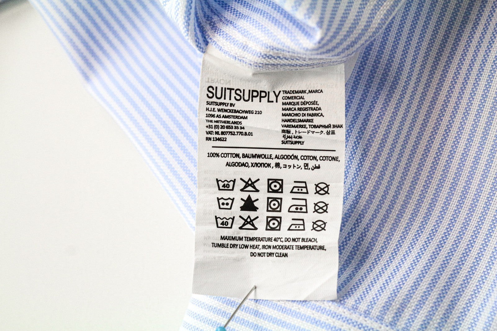 SUITSUPPLY Men Shirt 37/14 1/2 Extra Slim Blue Pure Cotton Striped Long Sleeved