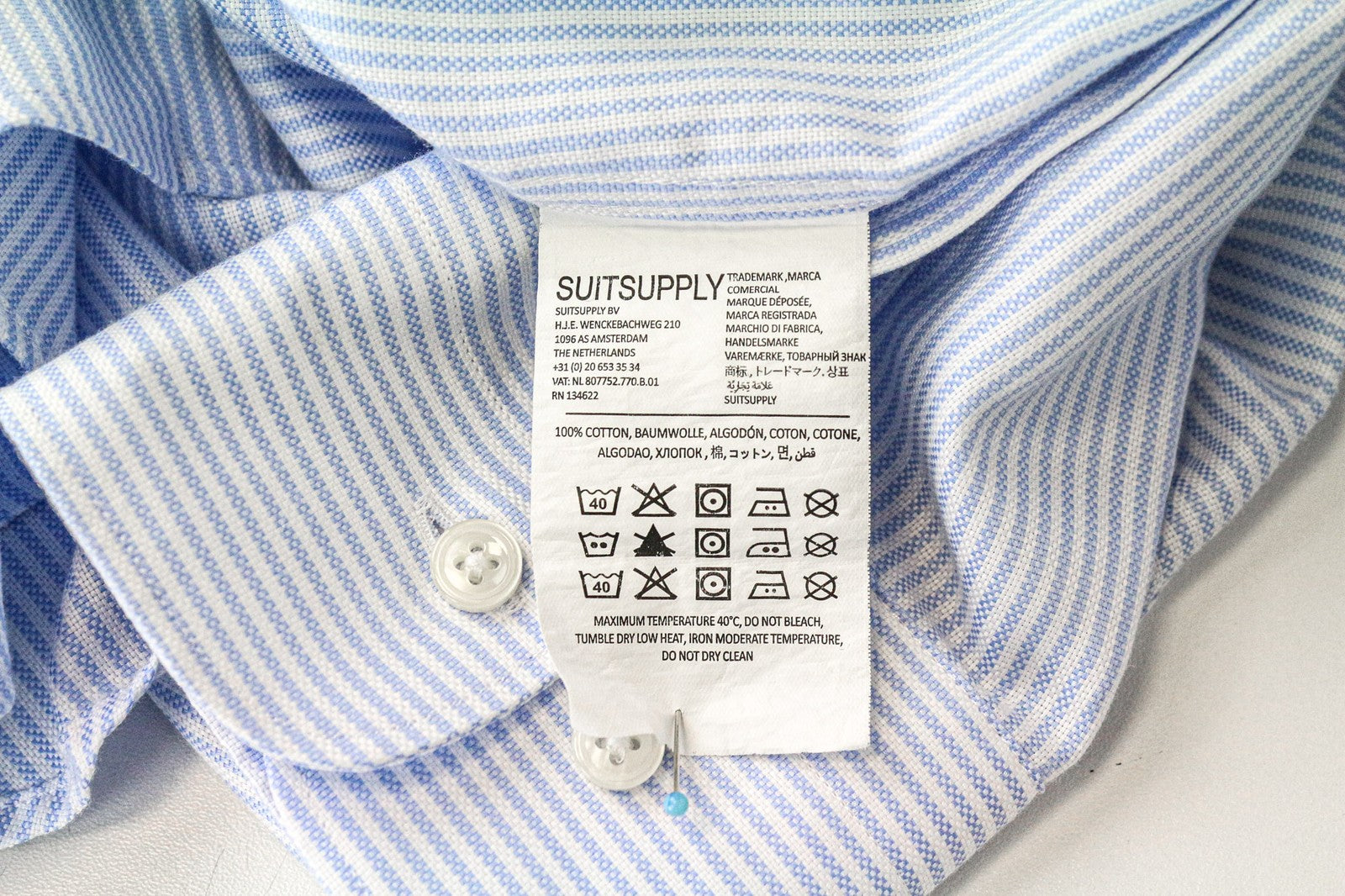 SUITSUPPLY Men Shirt 44L/17 1/2L Extra Slim Blue Pure Cotton Striped Long Sleeve