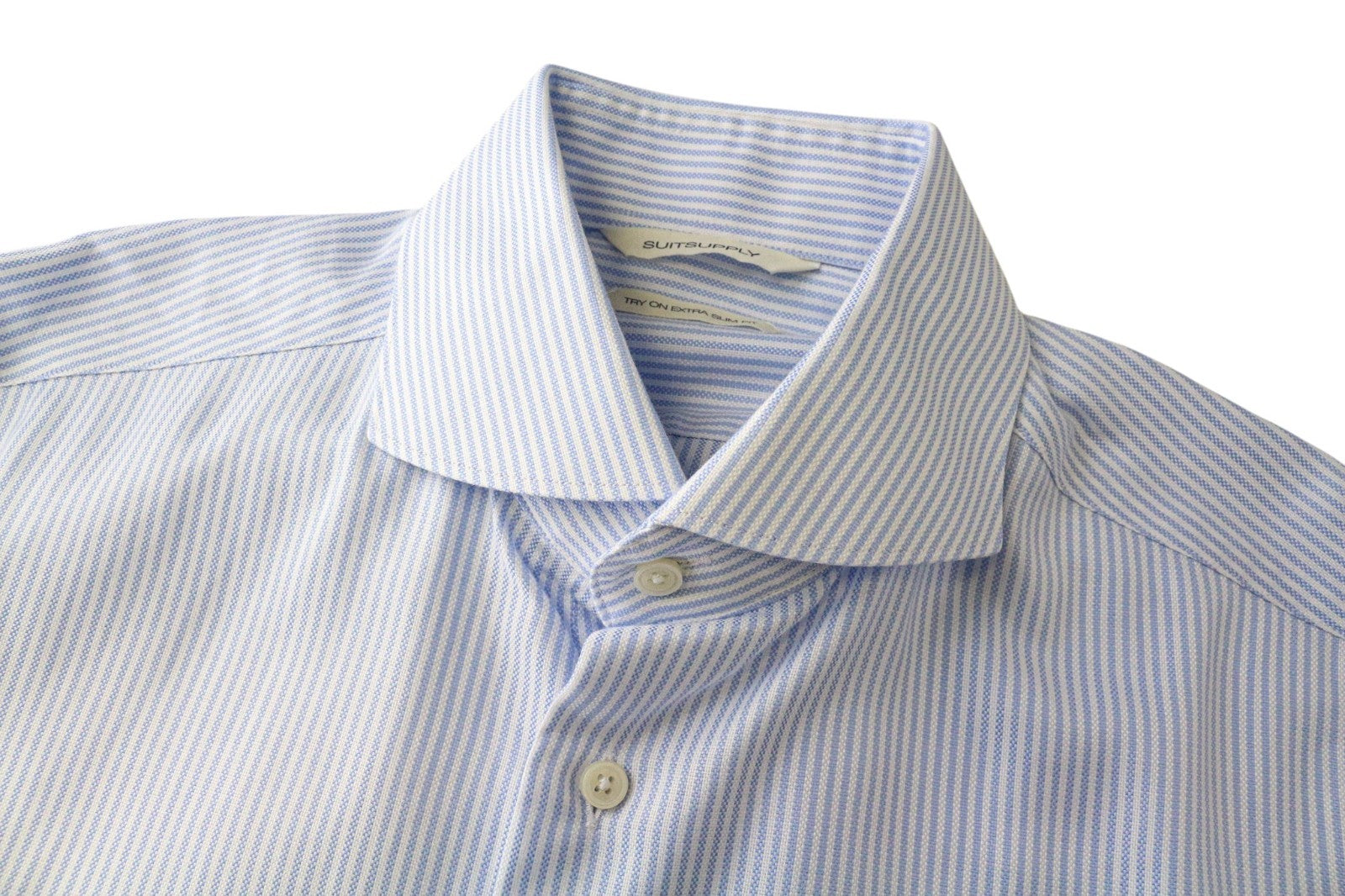SUITSUPPLY Men Shirt 38/15 Extra Slim Blue Pure Cotton Striped Patterned