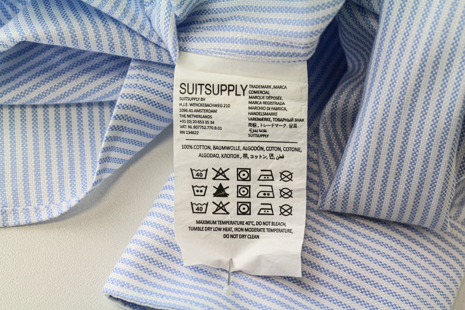 SUITSUPPLY Men Shirt 38/15 Extra Slim Blue Pure Cotton Striped Patterned