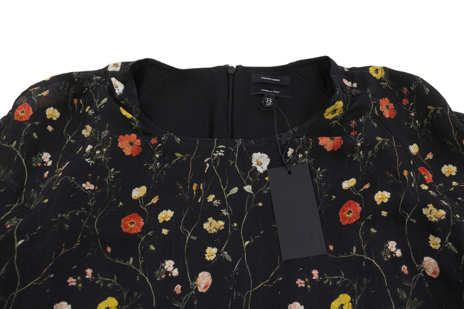 R13 Raglan Sleeve Babydoll Women Dress L Wool Silk Floral On Black Mini RRP1299