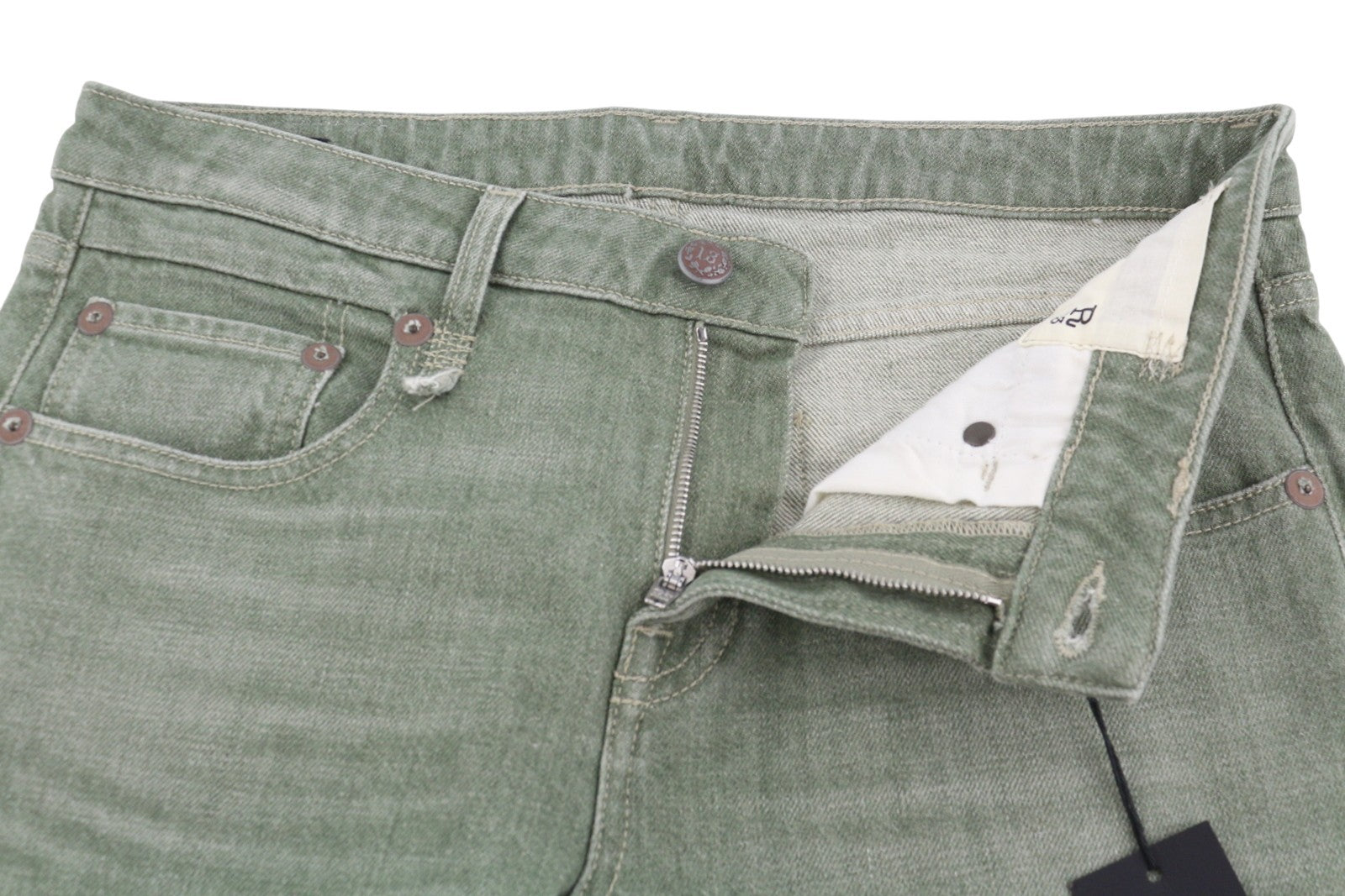R13 Toby Boy Women Jeans 27 Army Green Stretch Whiskers Faded Denim