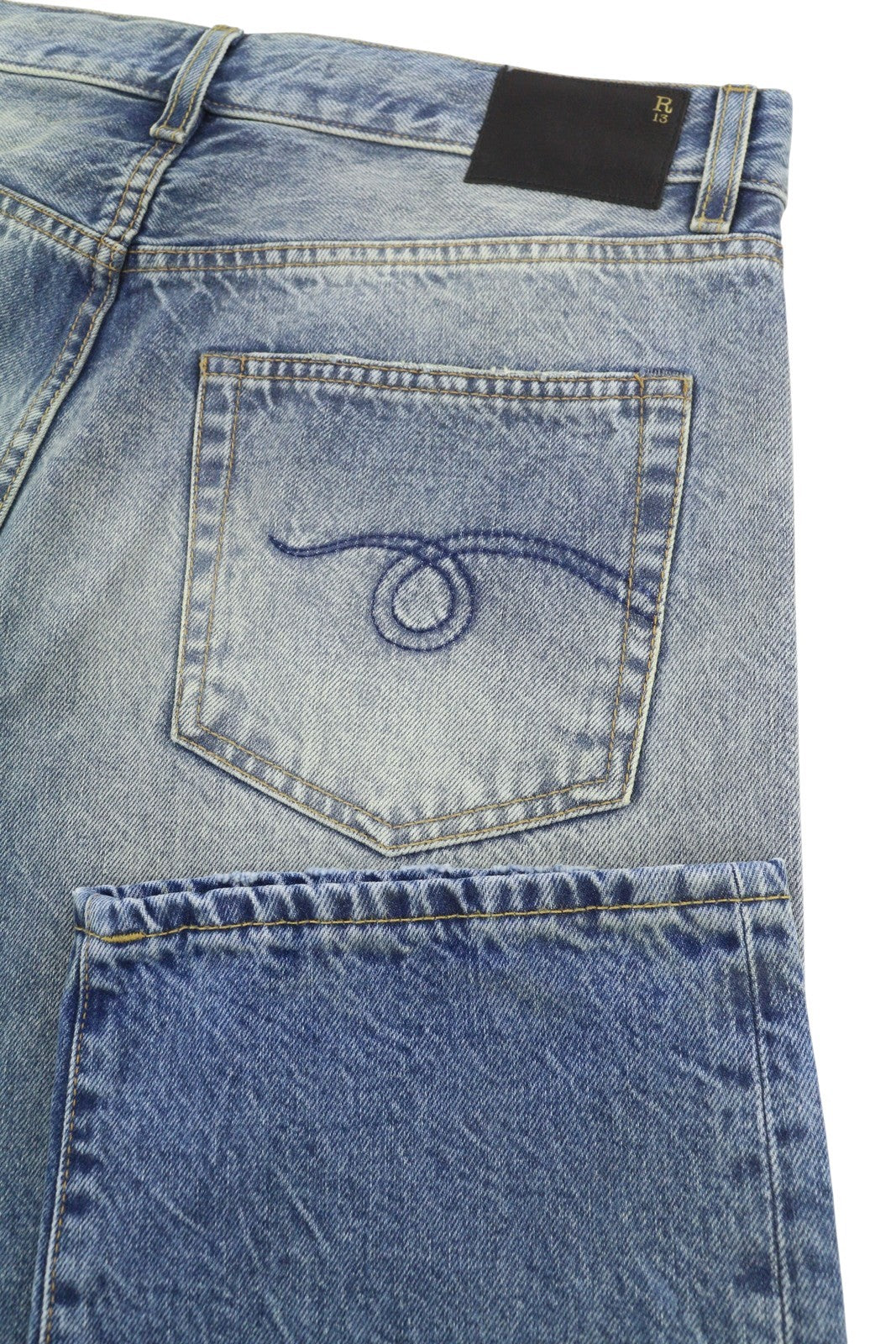 R13 Boyfriend Women Jeans 30 Jasper Straight Cropped Whiskers Faded Blue PF26