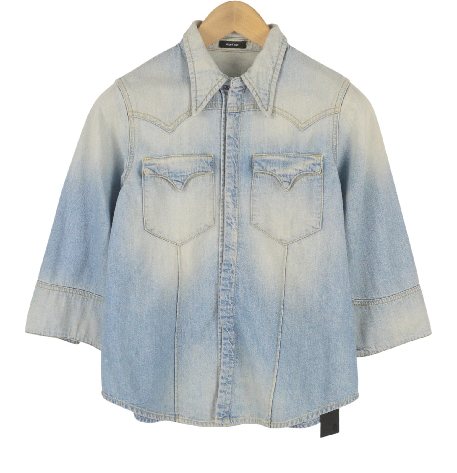 R13 Shrunken Cowboy Women Shirt M Timmy Tex 3/4 Sleeves Western Denim Blue