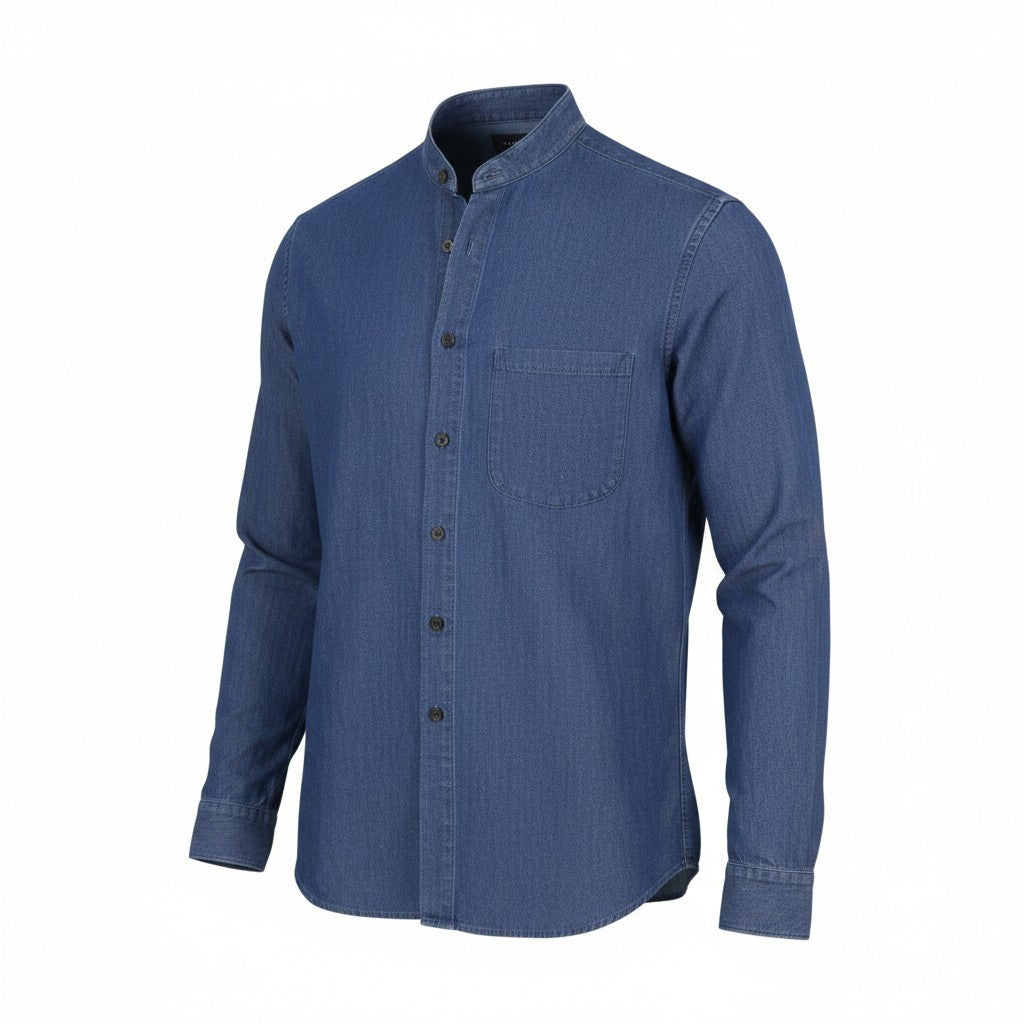 SEASE TN690 Fish Tail Men Shirt L Mid Denim Blue Buttoned Linen Blend RRP510