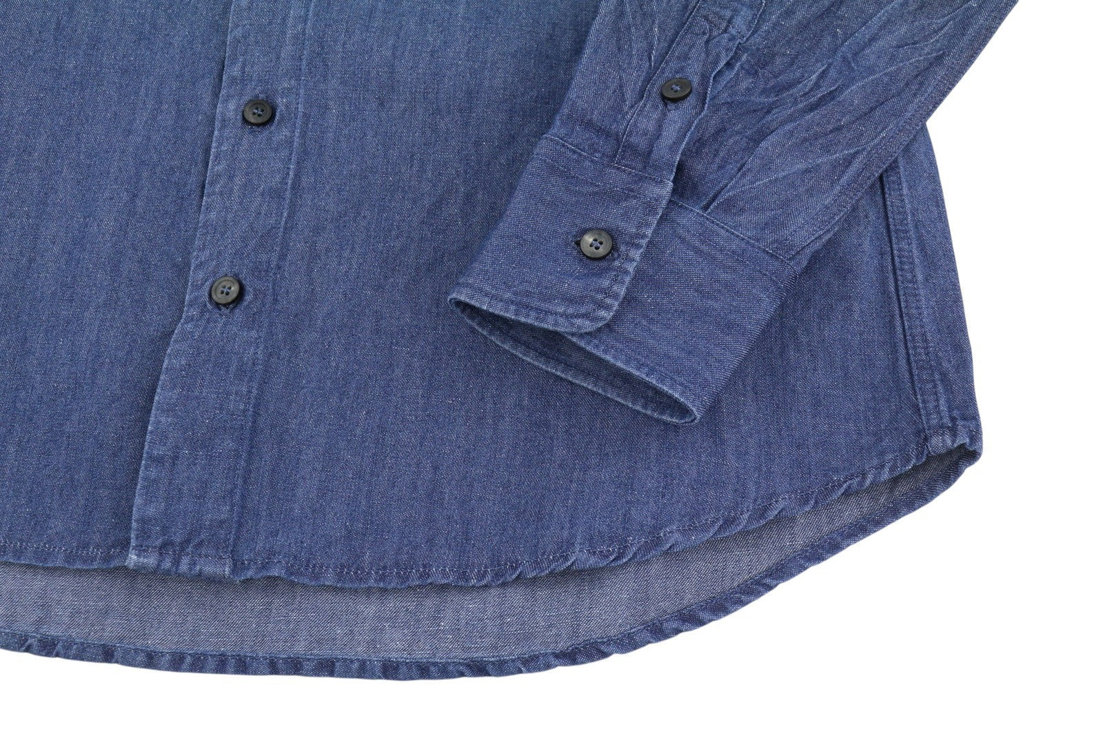SEASE TN690 Fish Tail Men Shirt L Mid Denim Blue Buttoned Linen Blend RRP510