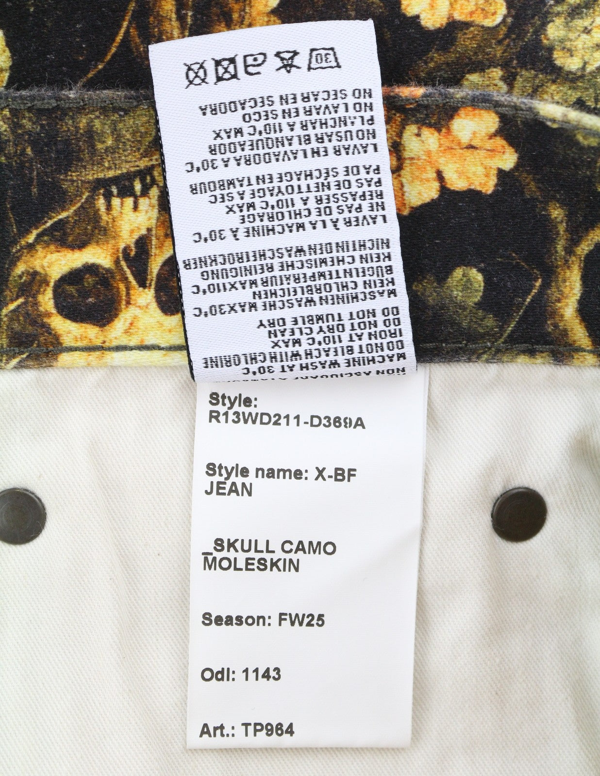 R13 X-BF Women Trousers 27 Skull Camo Moleskin Velvet Cropped