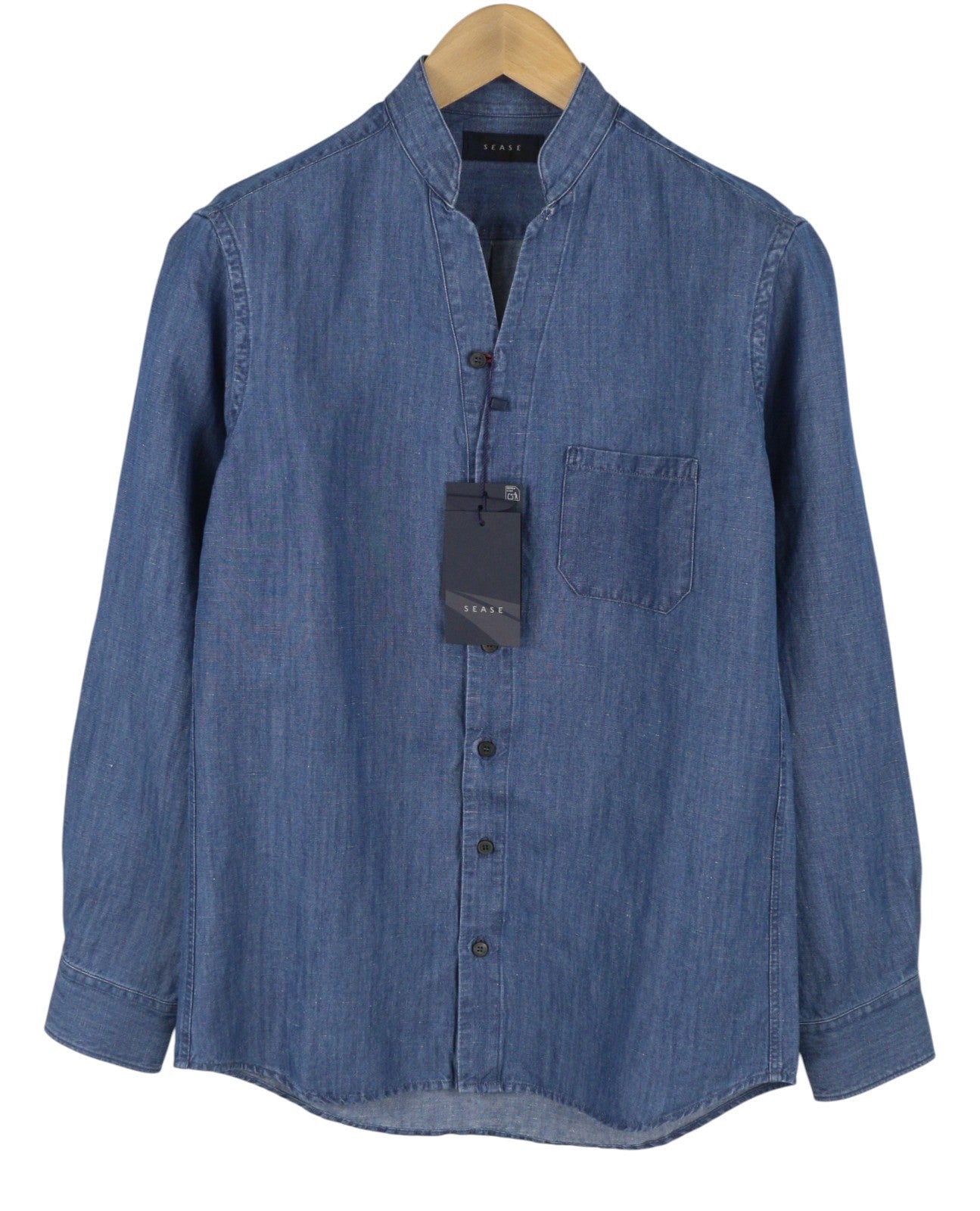 SEASE TN690 Fish Tail Men Shirt S Mid Denim Blue Buton Up Linen Blend RRP510