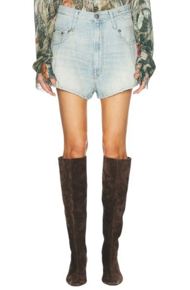 R13 Double Loop Venti Women Shorts 27 Toni Blue Faded Whiskers Pleat Denim