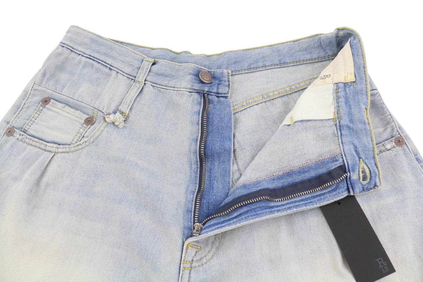 R13 Double Loop Venti Women Shorts 27 Toni Blue Faded Whiskers Pleat Denim