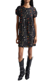 R13 Raglan Sleeve Babydoll Women Dress S Wool Silk Floral On Black Mini RRP1299
