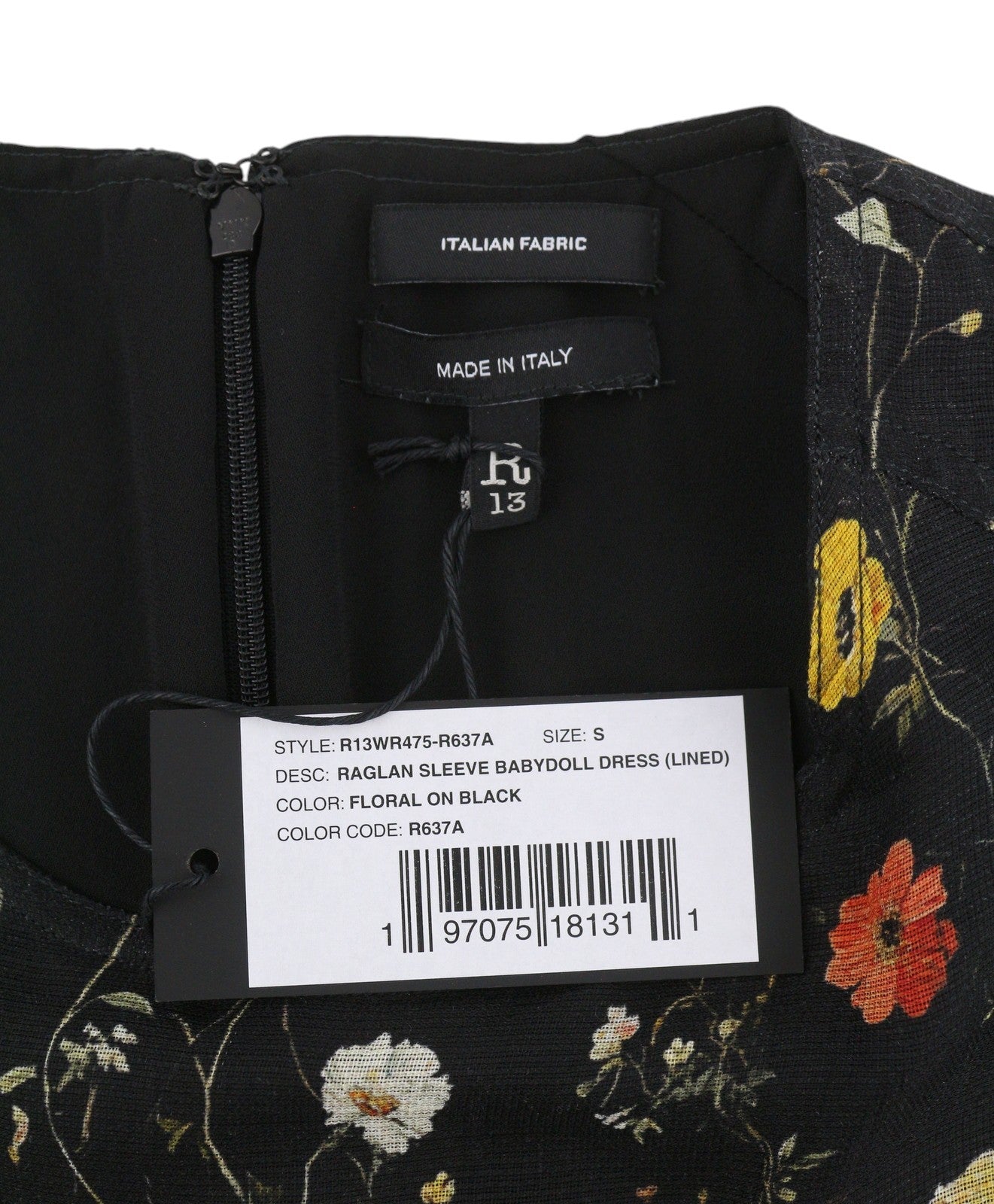 R13 Raglan Sleeve Babydoll Women Dress S Wool Silk Floral On Black Mini RRP1299