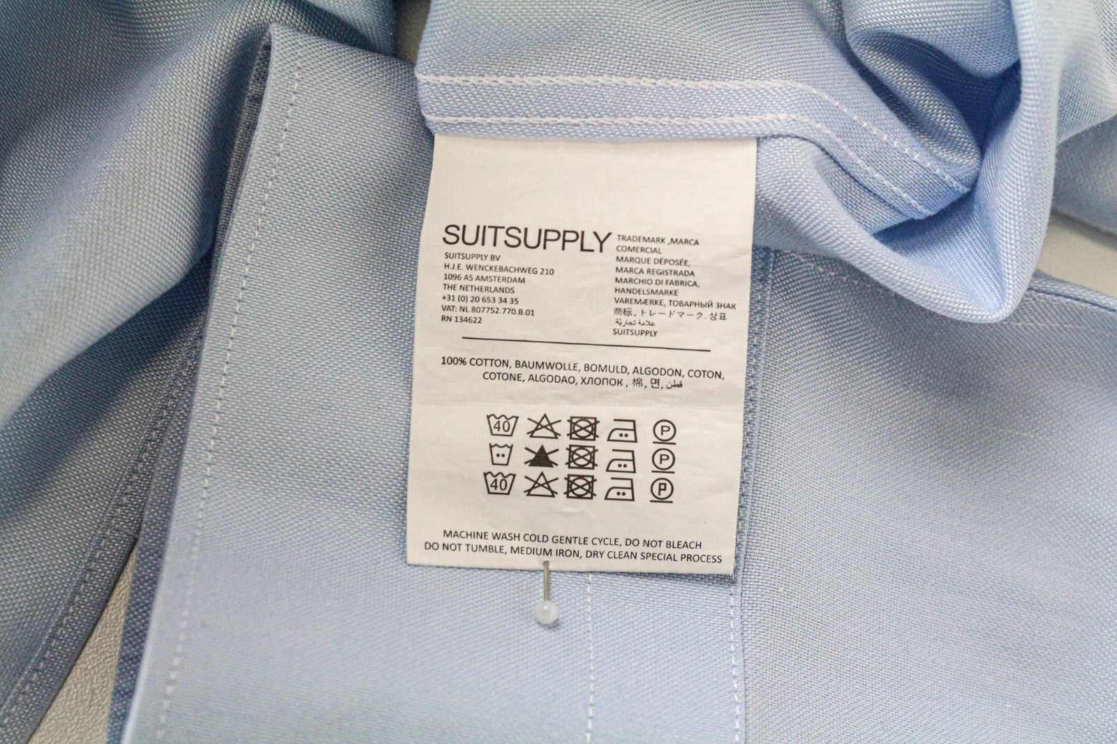 SUITSUPPLY Traveller Men Shirt 40-7/15 3/4L Extra Slim Blue Cotton Button-Up