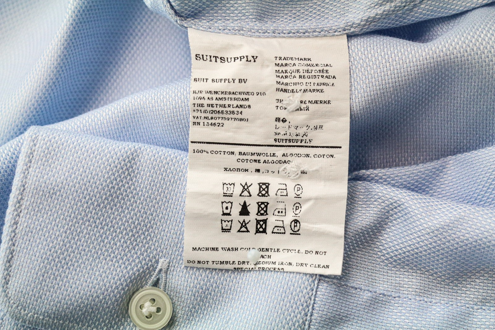 SUITSUPPLY Men Shirt 40/15 3/4 Slim Blue Pure Cotton Cutaway Button-Up Twill