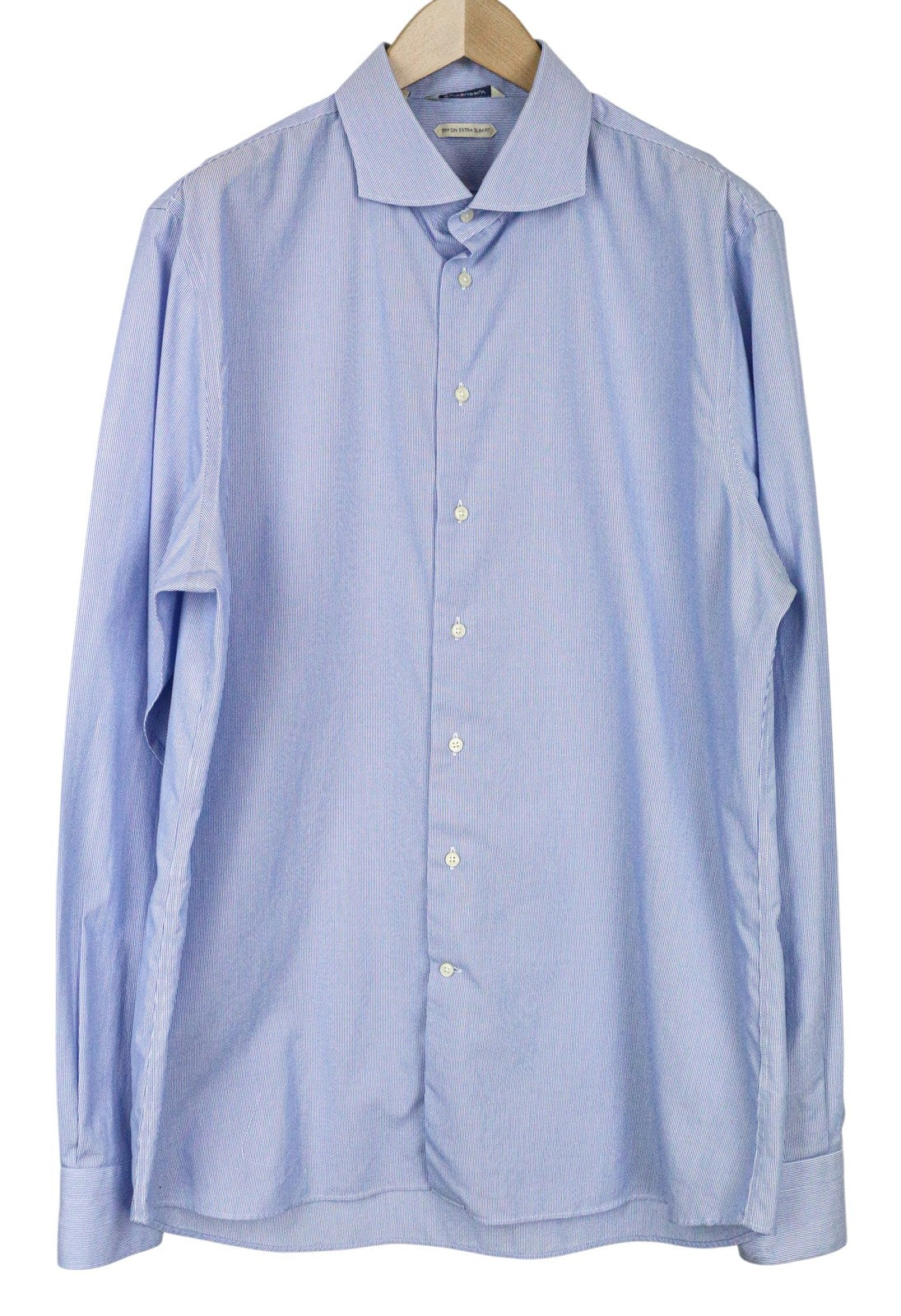 SUITSUPPLY Men Shirt 46-7/18L Extra Slim Blue Pure Cotton Stripe Pattern Cutaway