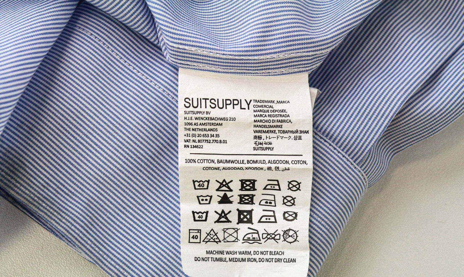 SUITSUPPLY Men Shirt 46-7/18L Extra Slim Blue Pure Cotton Stripe Pattern Cutaway
