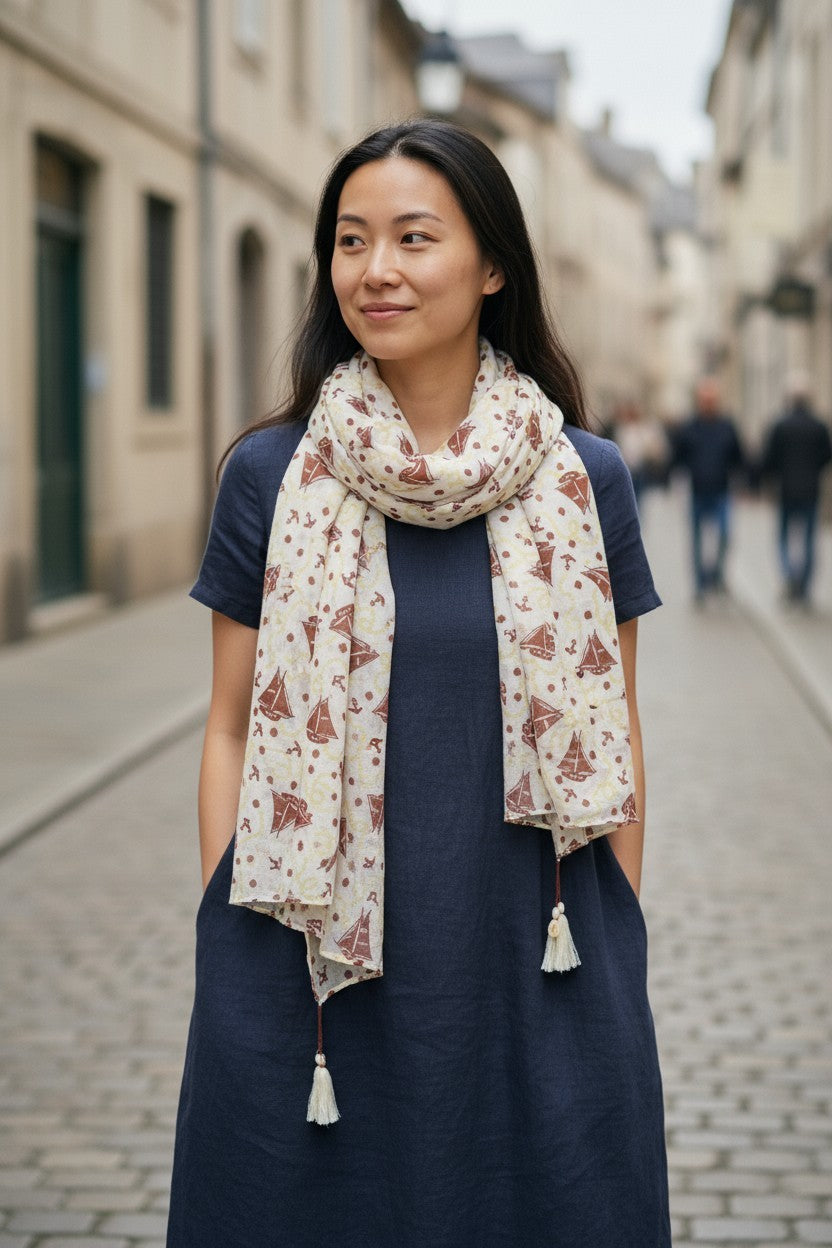 MAISON SCOTCH Women Scarf One Size White Pure Cotton Sailboat Print Tassels