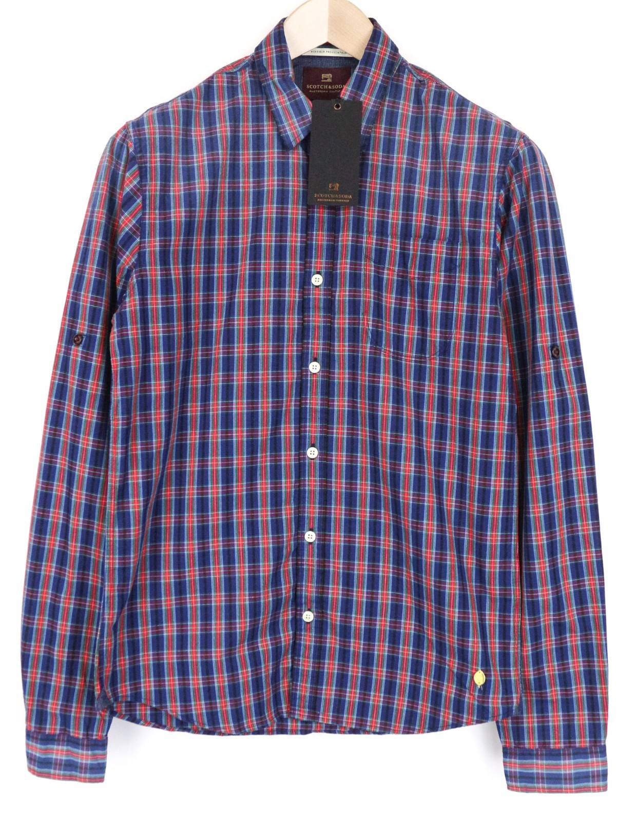 SCOTCH & SODA Ams Couture Men Shirt S Blue Red Checked Long Sleeve Pure Cotton