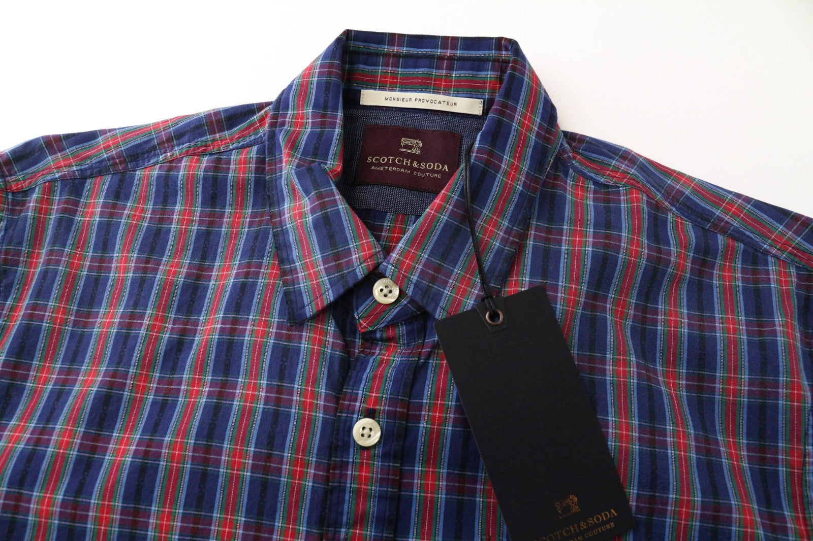 SCOTCH & SODA Ams Couture Men Shirt S Blue Red Checked Long Sleeve Pure Cotton