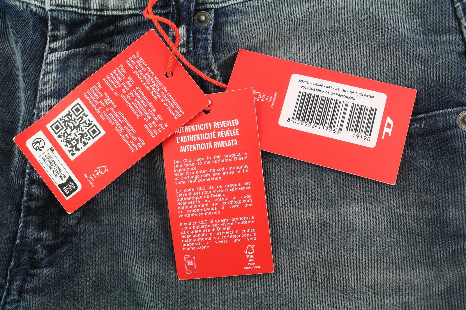 DIESEL 2019 D-Strukt 068JF Men Trousers W32/L30 Blue Corduroy Slim Fit RRP225