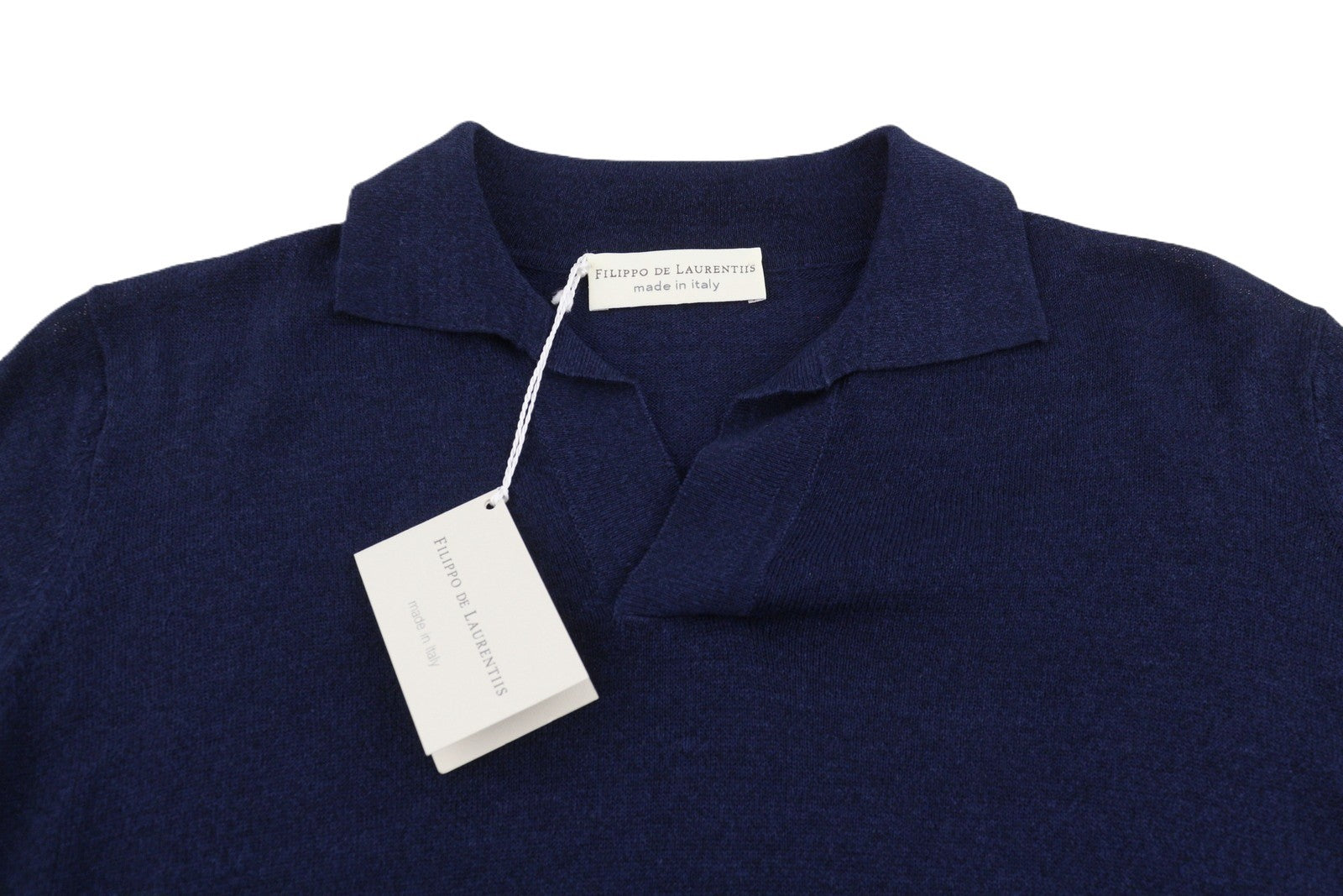 FILIPPO DE LAURENTIIS Men Polos IT48 S Dark Blue Linen Blend Short Sleeve