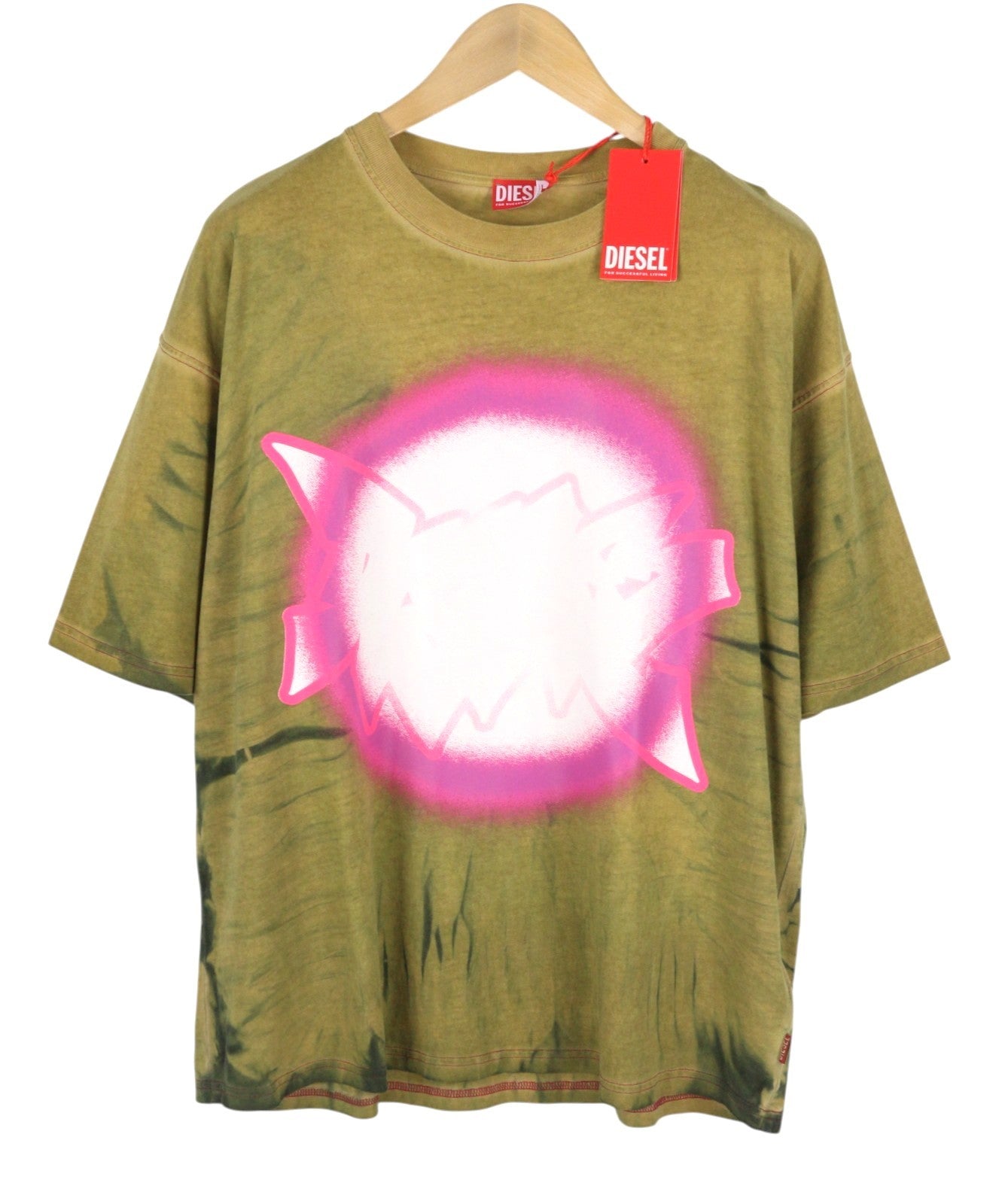 DIESEL T-Boxt-R24 Men T-Shirt L Green Oversized Print Short Sleeved RRP150