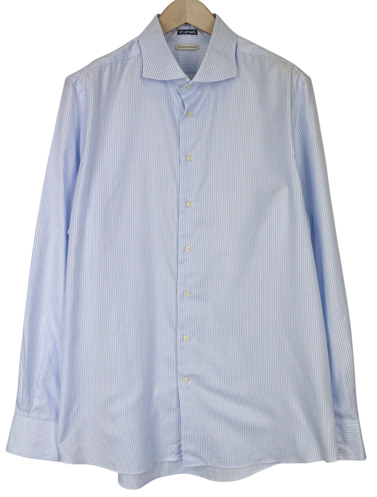 SUITSUPPLY Men Shirt 46/18 Extra Slim Blue Pure Cotton Striped Classic