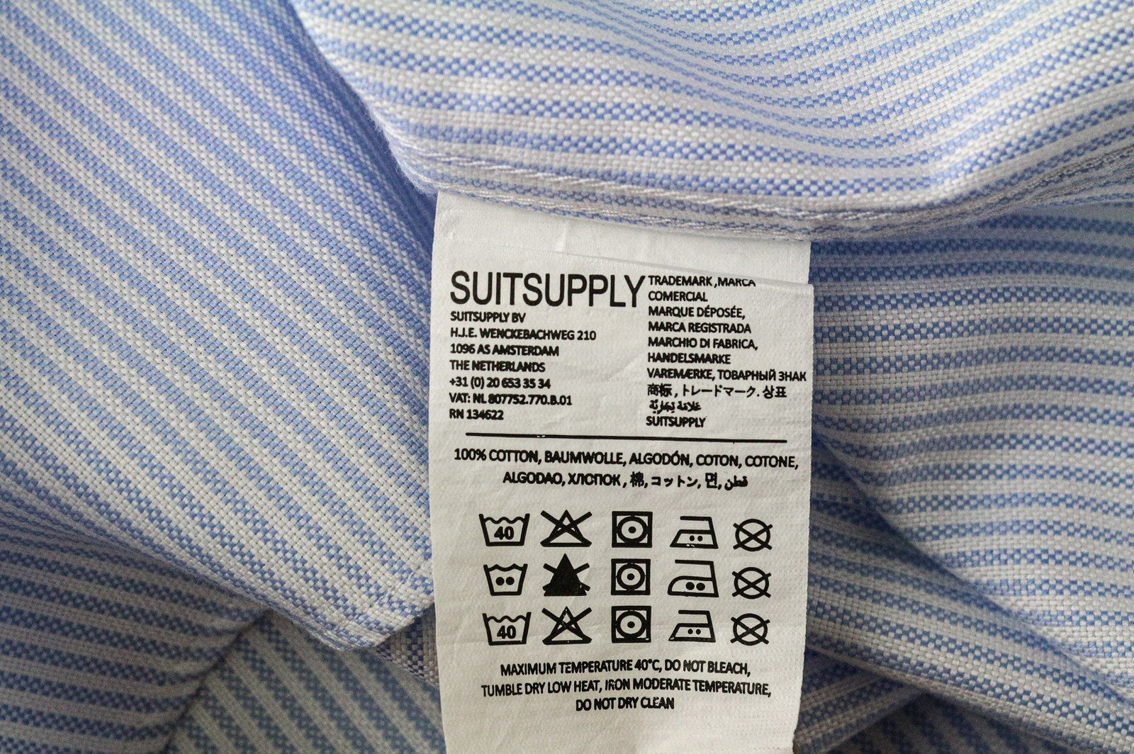 SUITSUPPLY Men Shirt 40/15 3/4 Extra Slim Blue Pure Cotton Striped Cutaway