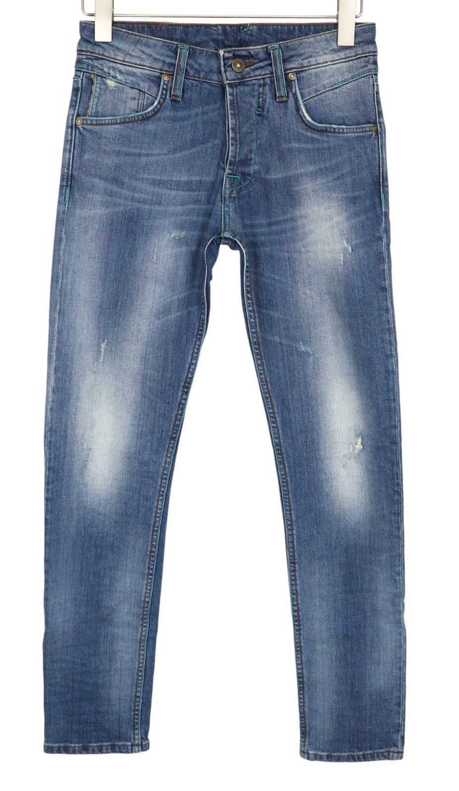 TAKESHY KUROSAWA TK75 Men Jeans W30 Blue Slim Fit Distressed Stretch Button