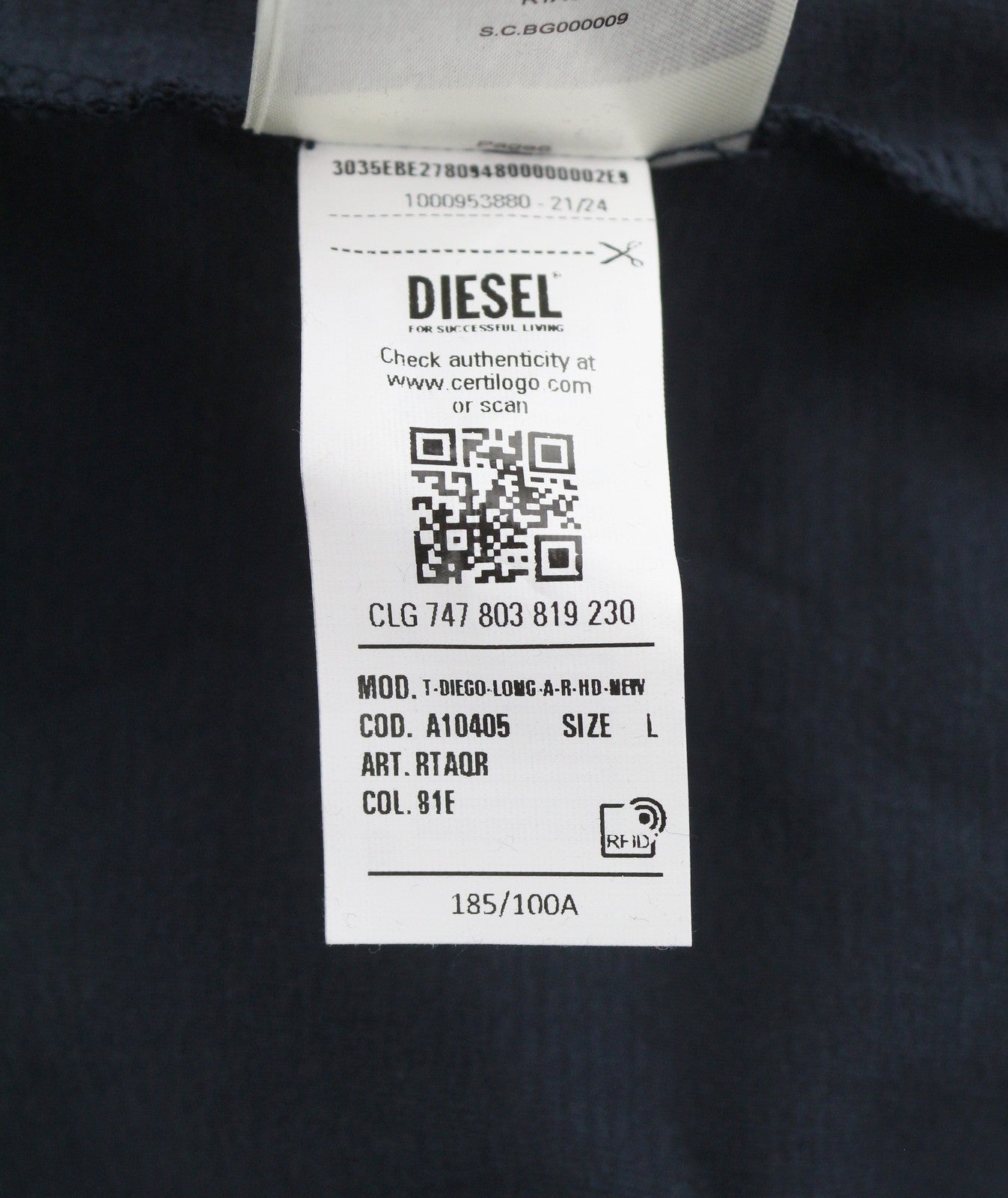 DIESEL T-Diego-Long-A-R-HD-New Men T-Shirt L Dark Blue Crew Neck Pull On