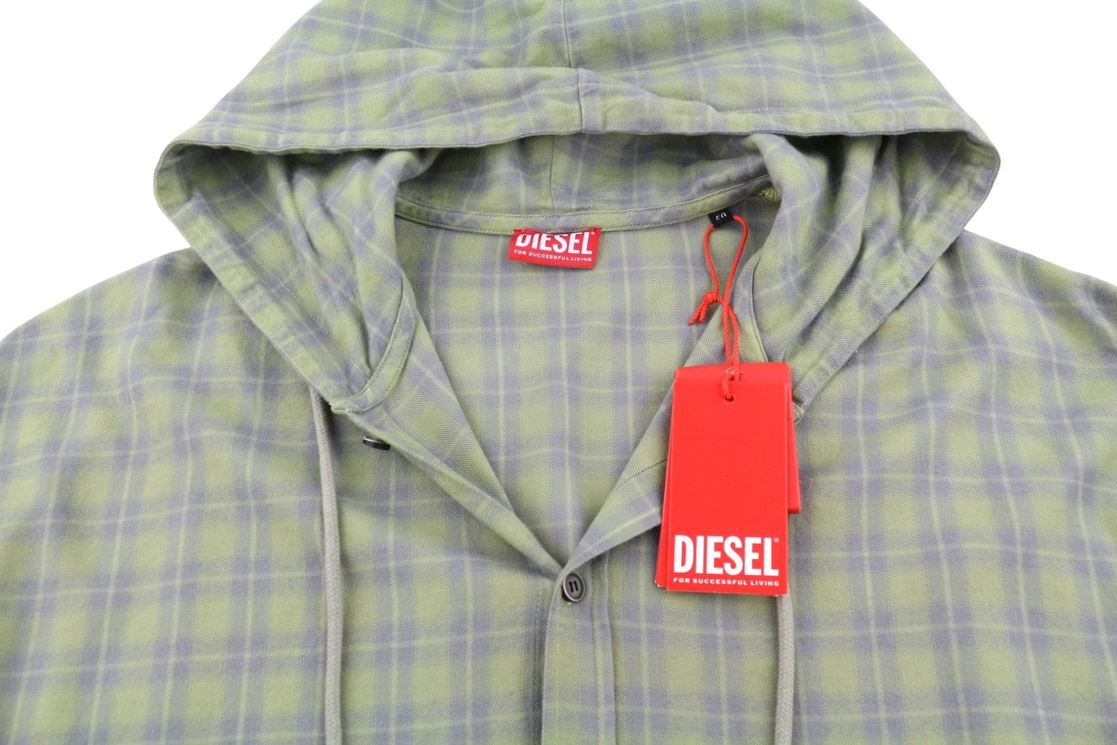 DIESEL S-Dewny-Hood-B Men Shirt 50 Green Plaid Flannel Hooded Overshirt RRP275