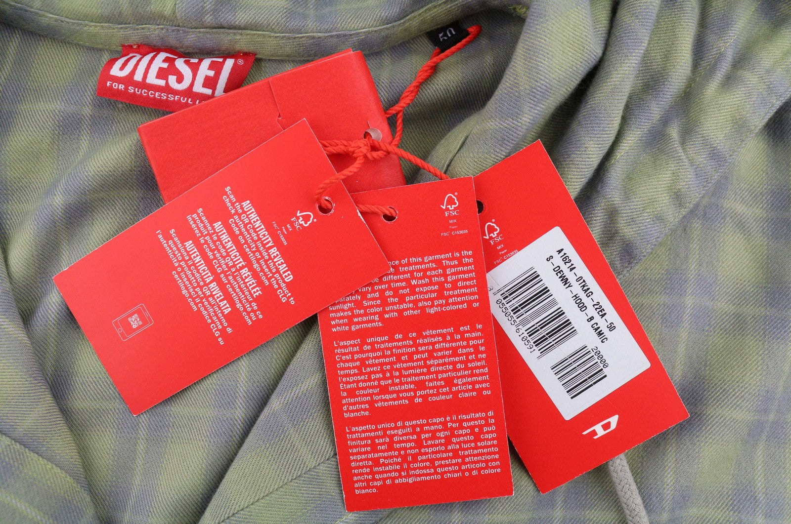 DIESEL S-Dewny-Hood-B Men Shirt 50 Green Plaid Flannel Hooded Overshirt RRP275